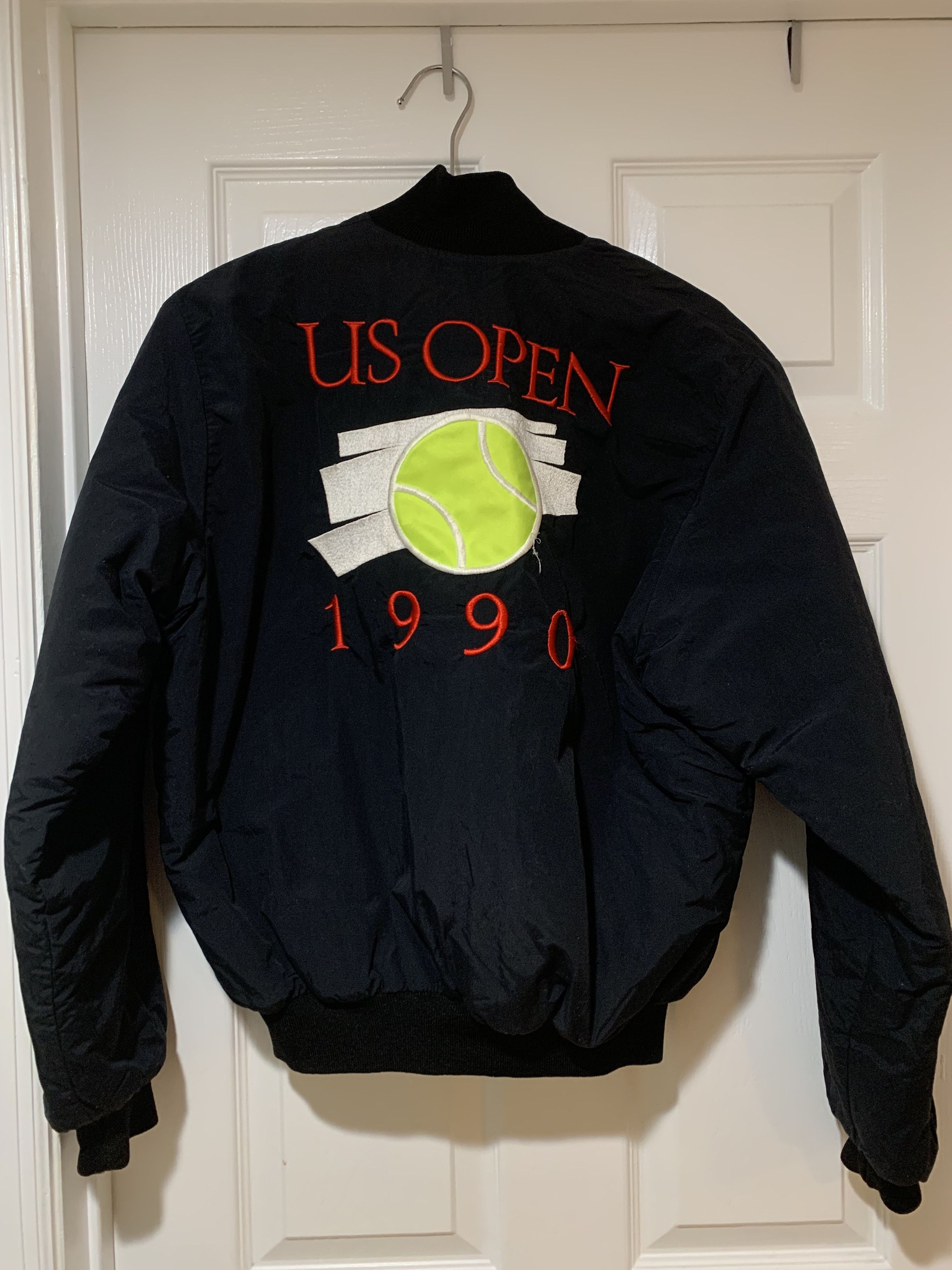 image of Vintage 1990 Us Open Tennis Embroidered Black Bomber Jacket, Men's (Size Medium)