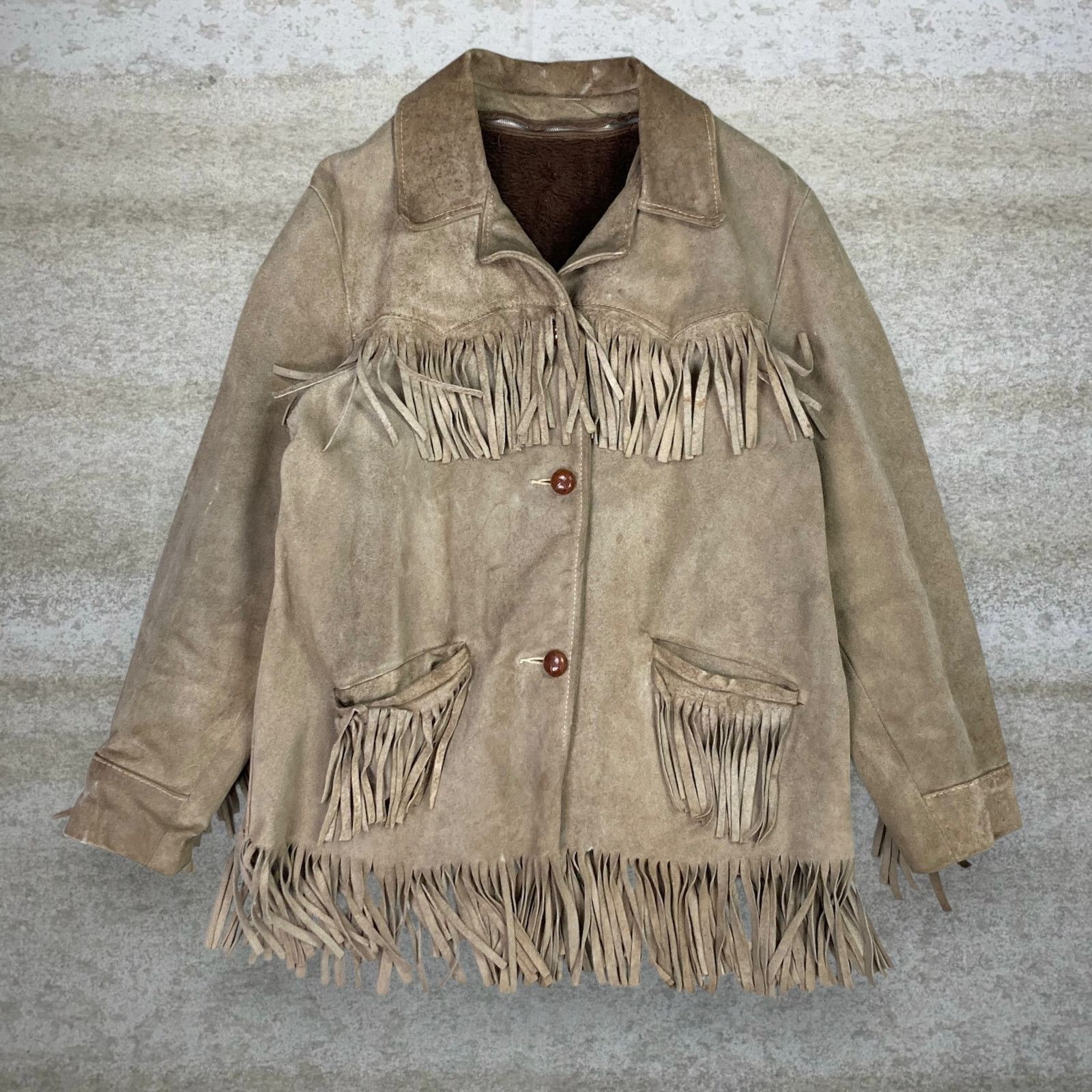 True Vintage 90s Western Suede Leather Jacket Mens M Tan Fur