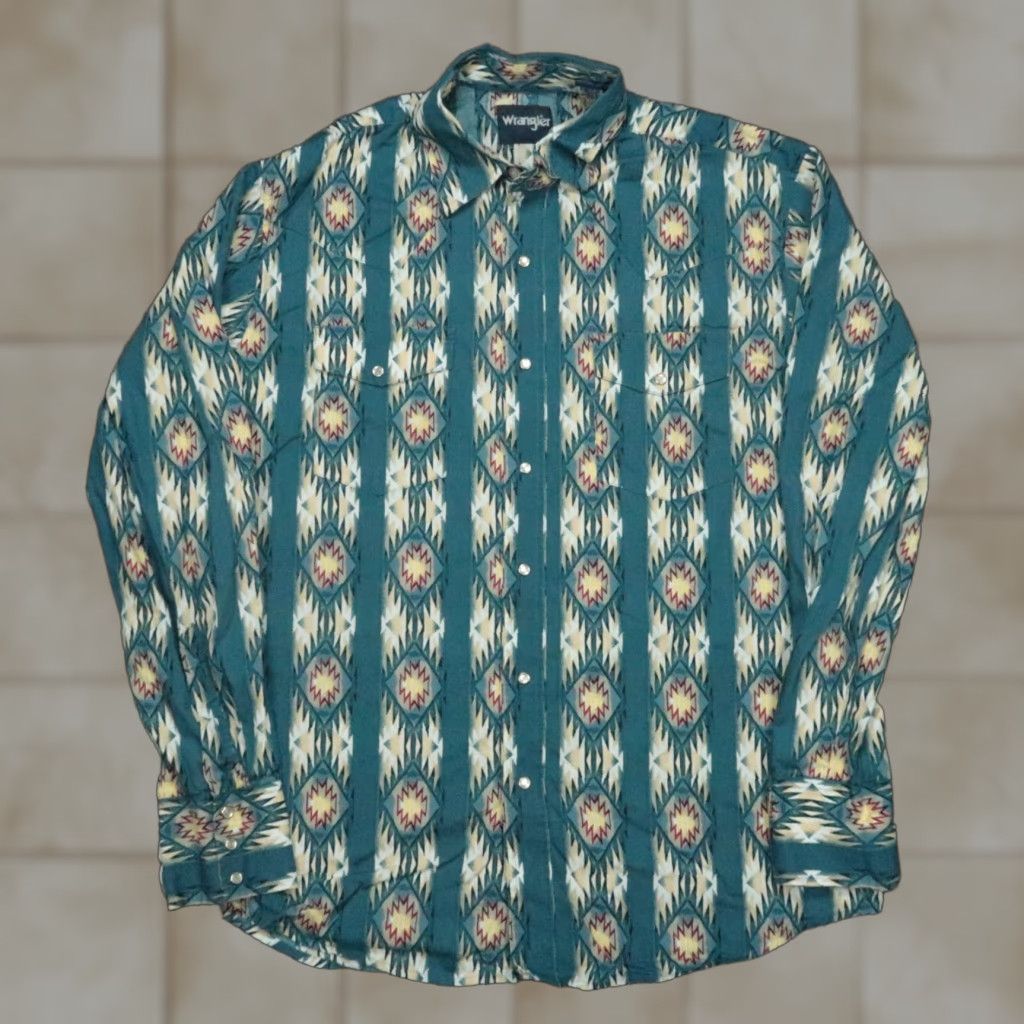 VINTAGE Wrangler Shirt Mens Large Blue Southwestern Geometric Pearl Snap Shirt Adult Large Blue Wrangler