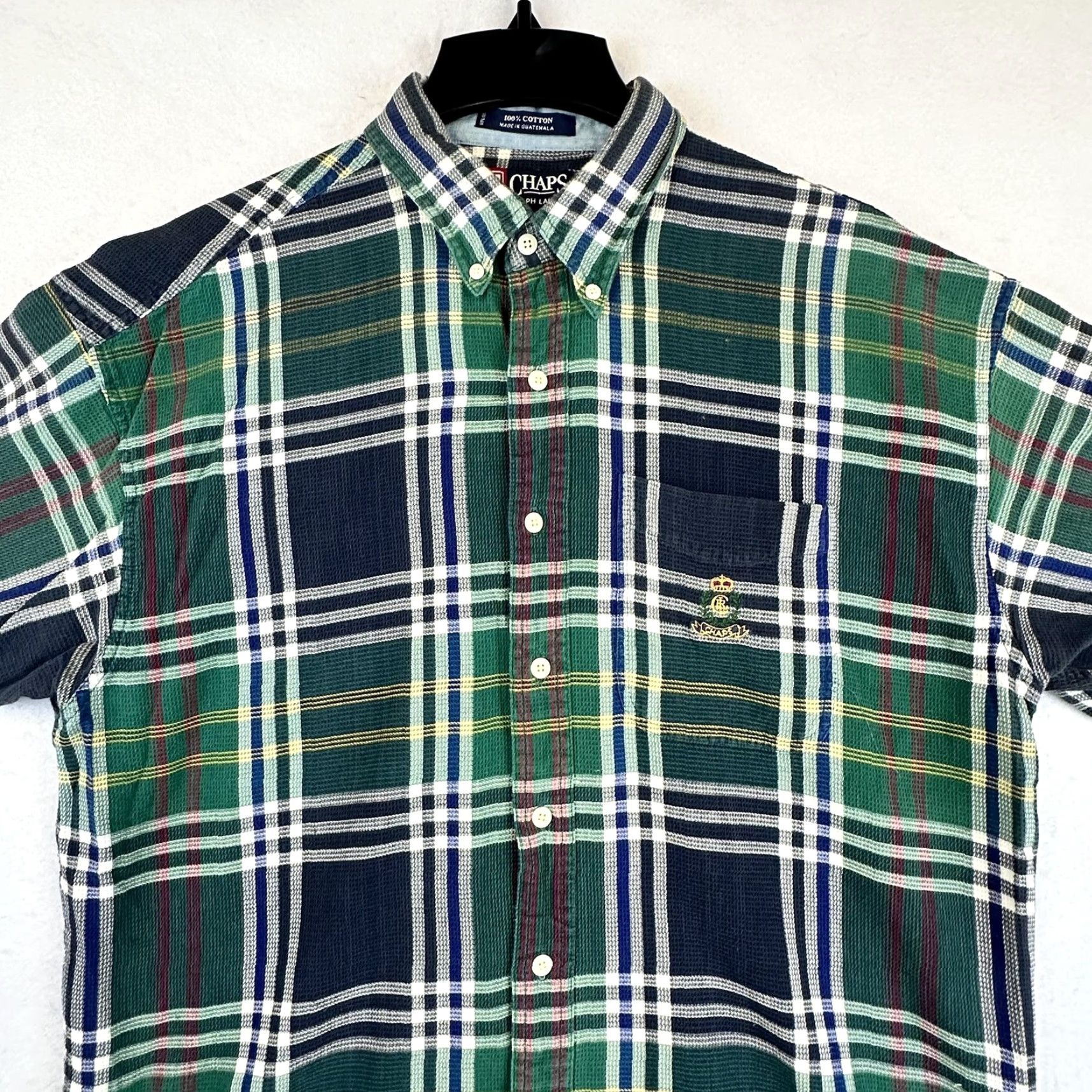Chaps Chaps Shirt Mens L Plaid Short Sleeve Button-Down Crest Embroidered Cotton Casual Green Size US L / EU 52-54 / 3 - 3 Thumbnail