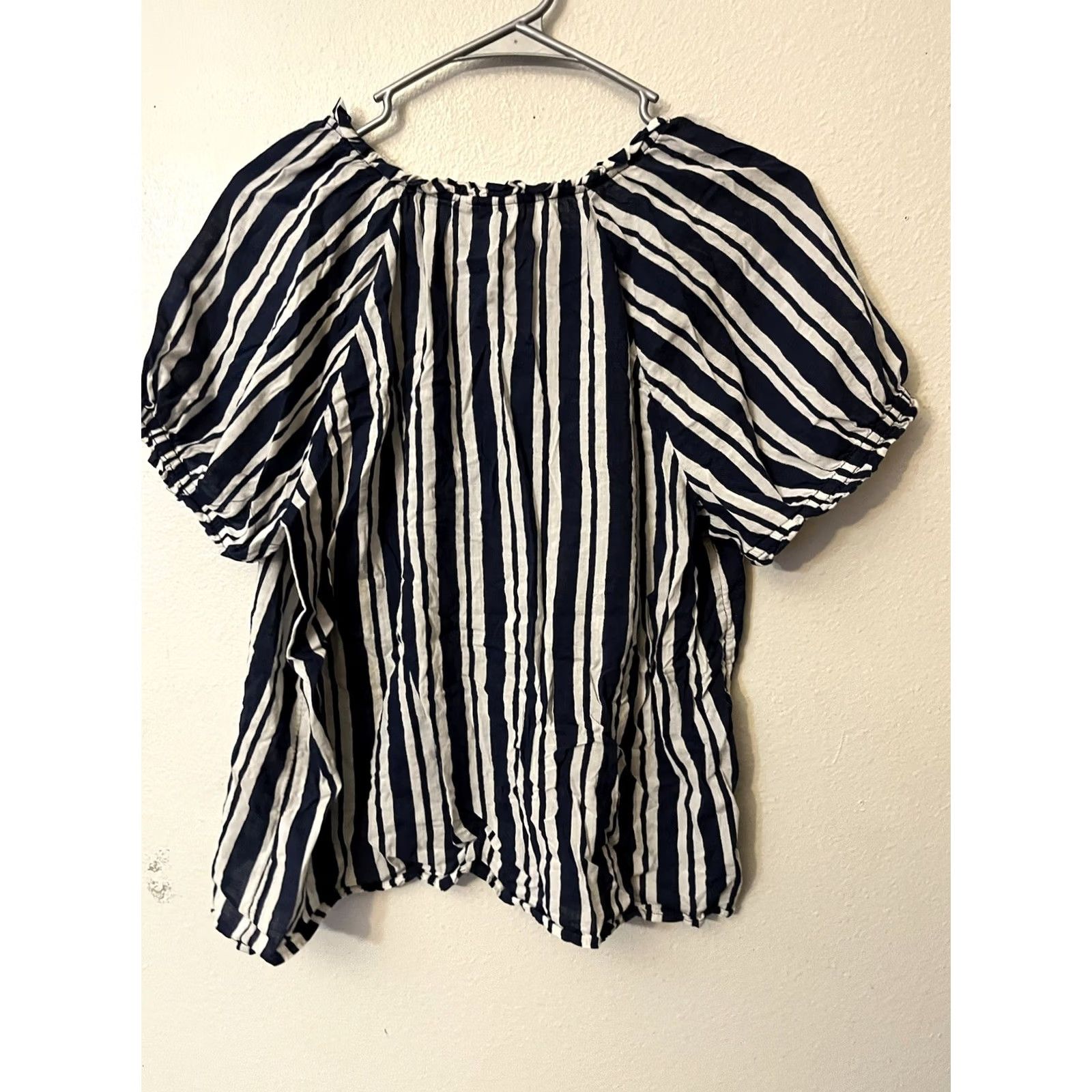 Gap GAP Peasant Blouse Womens Large Navy White Puff Sleeve Split Neck Stretchy Top Size L / US 10 / IT 46 - 3 Thumbnail