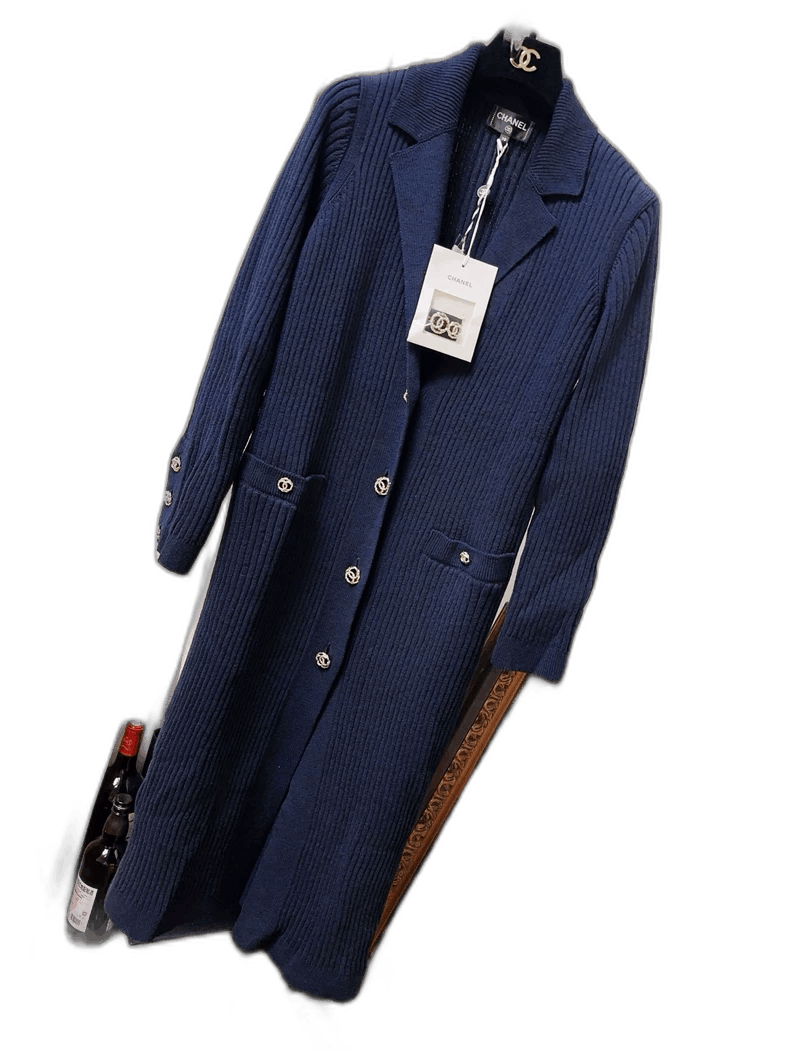 Chanel Chanel 20p Blue Knit Long Cardigan Coat Size M / US 6-8 / IT 42-44 - 1 Thumbnail