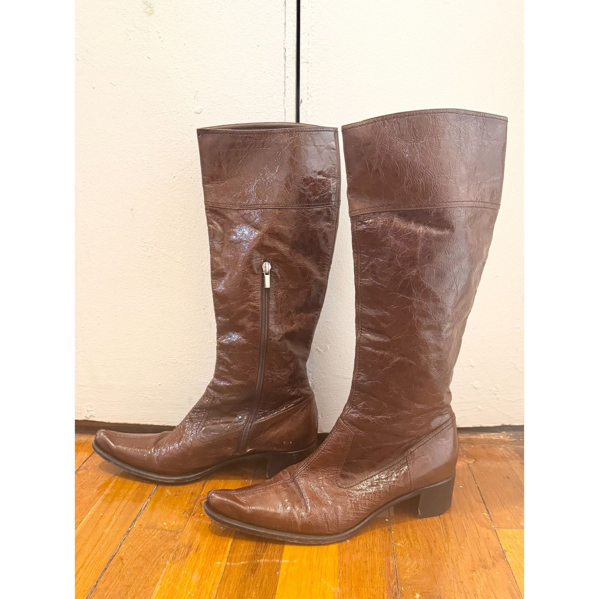 Vintage Vero Cuoio Women's Brown Patent Leather Side Zip Knee High B Size US 10 / IT 40 - 3 Thumbnail