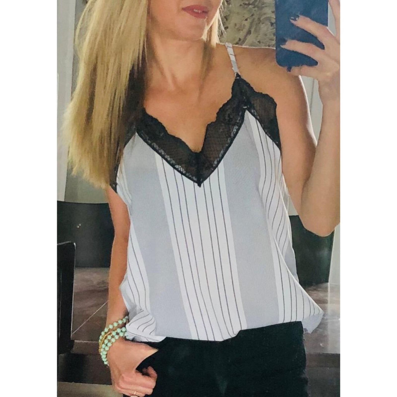 Other NEW Black White Stripe Lace V-Neck Racerback Blouse Top Size S / US 4 / IT 40 - 1 Thumbnail