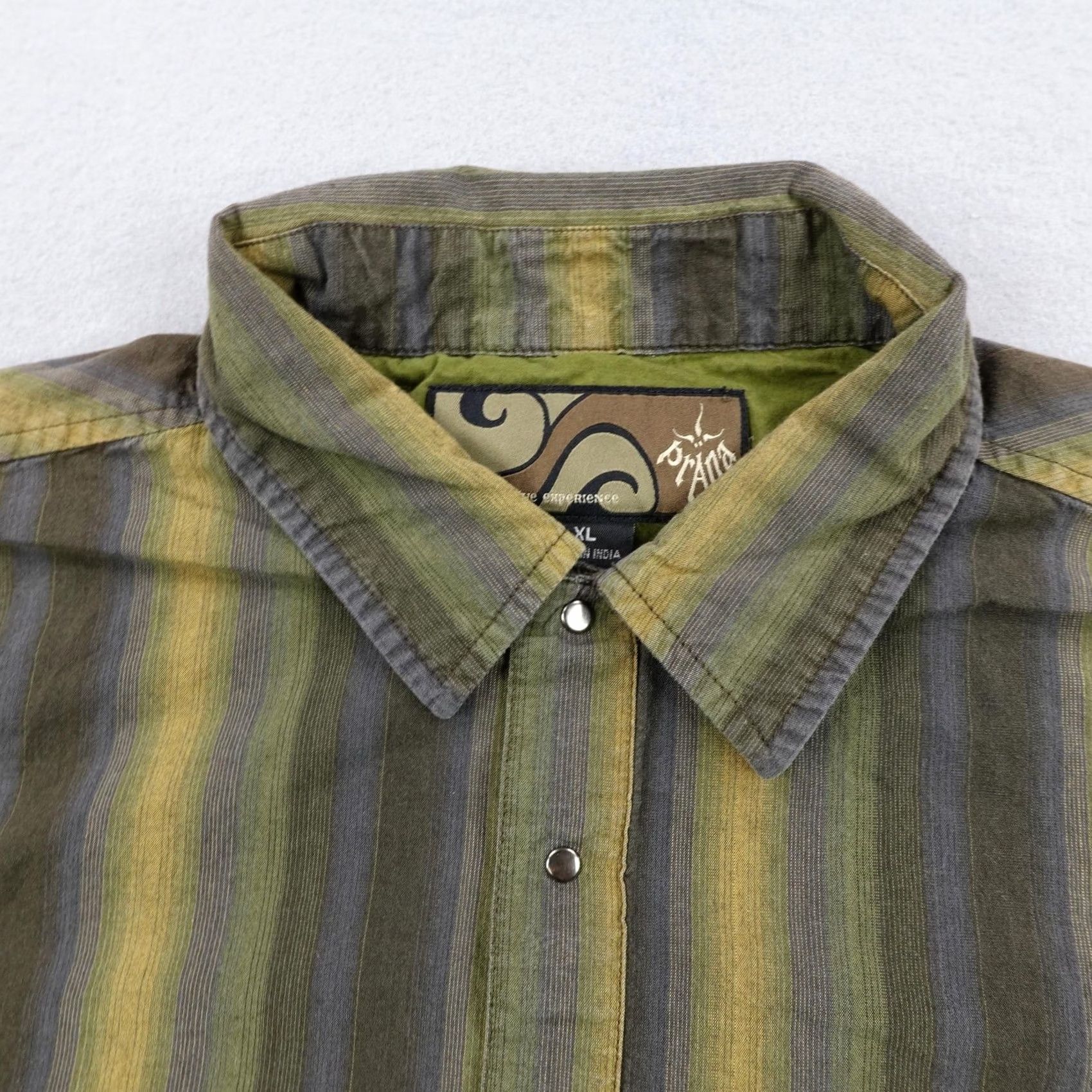 Prana VINTAGE? No -> PrAna Shirt Mens XL Green Yellow Stripes Pearl Snap Hiking Trail Short Sleeve Size US XL / EU 56 / 4 - 2 Thumbnail
