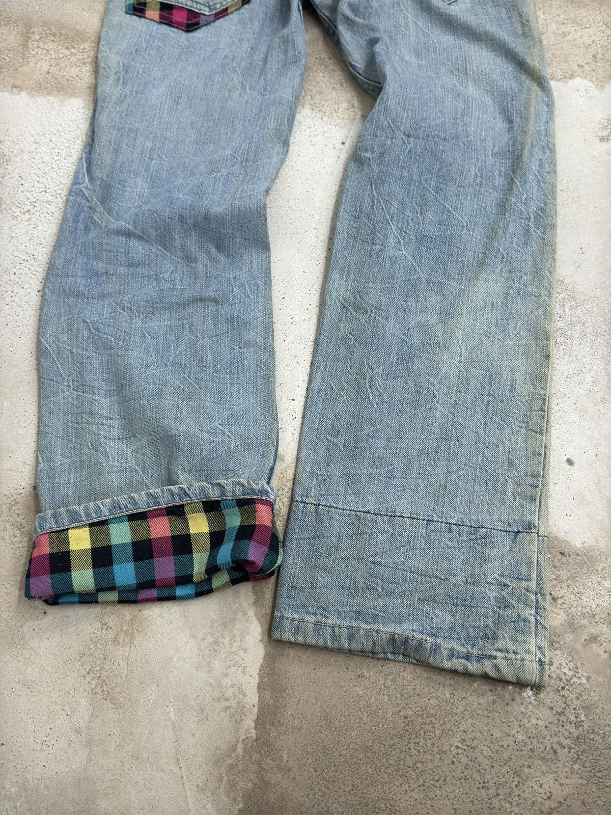 Hysteric Glamour Japanese Y2K Double Waist Plaid Patches Sun Faded Denim Size US 31 - 11 Thumbnail