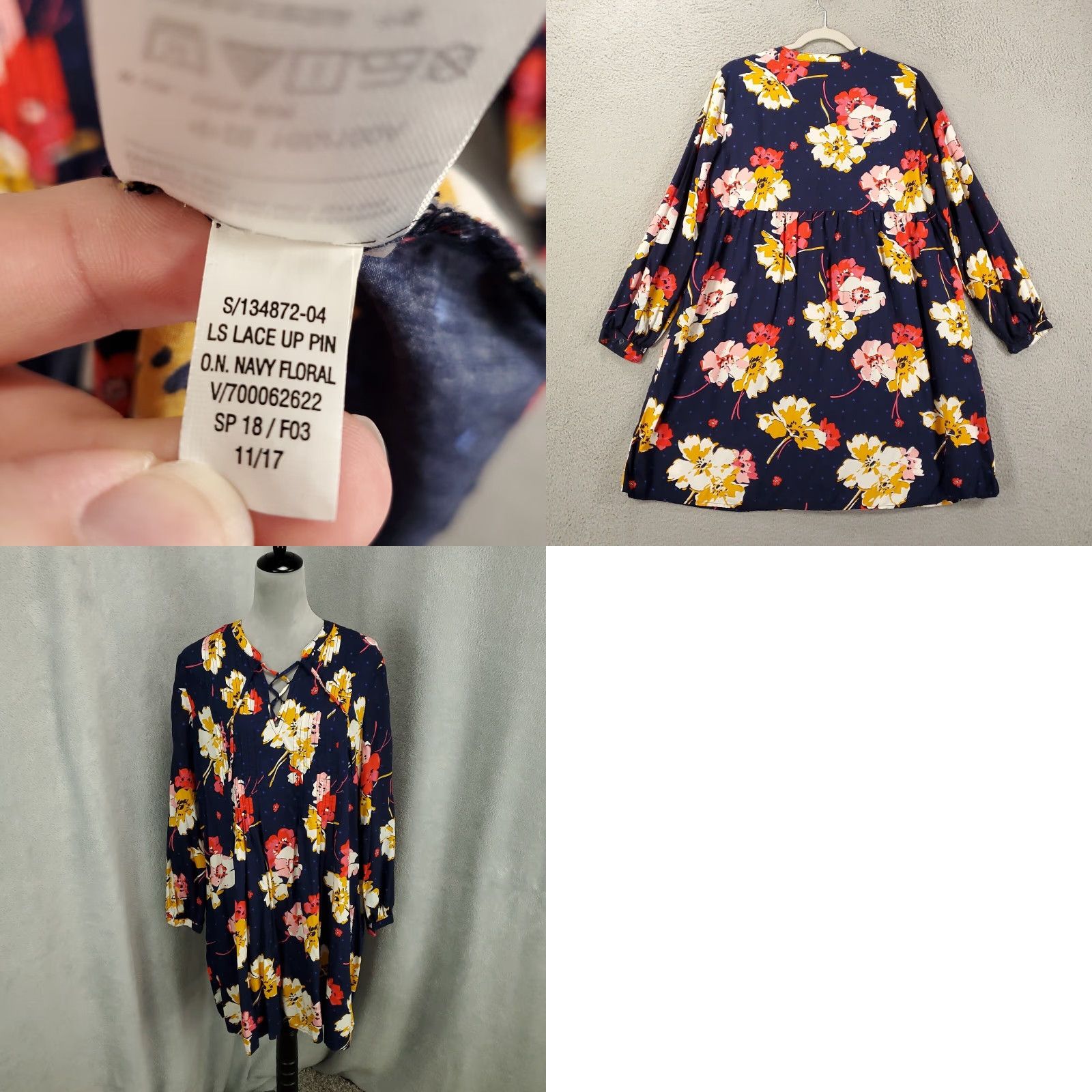 Old Navy Old Navy Womens Dress Large Navy Blue Floral Lace Up Pintucked Shift Size L / US 10 / IT 46 - 8 Thumbnail
