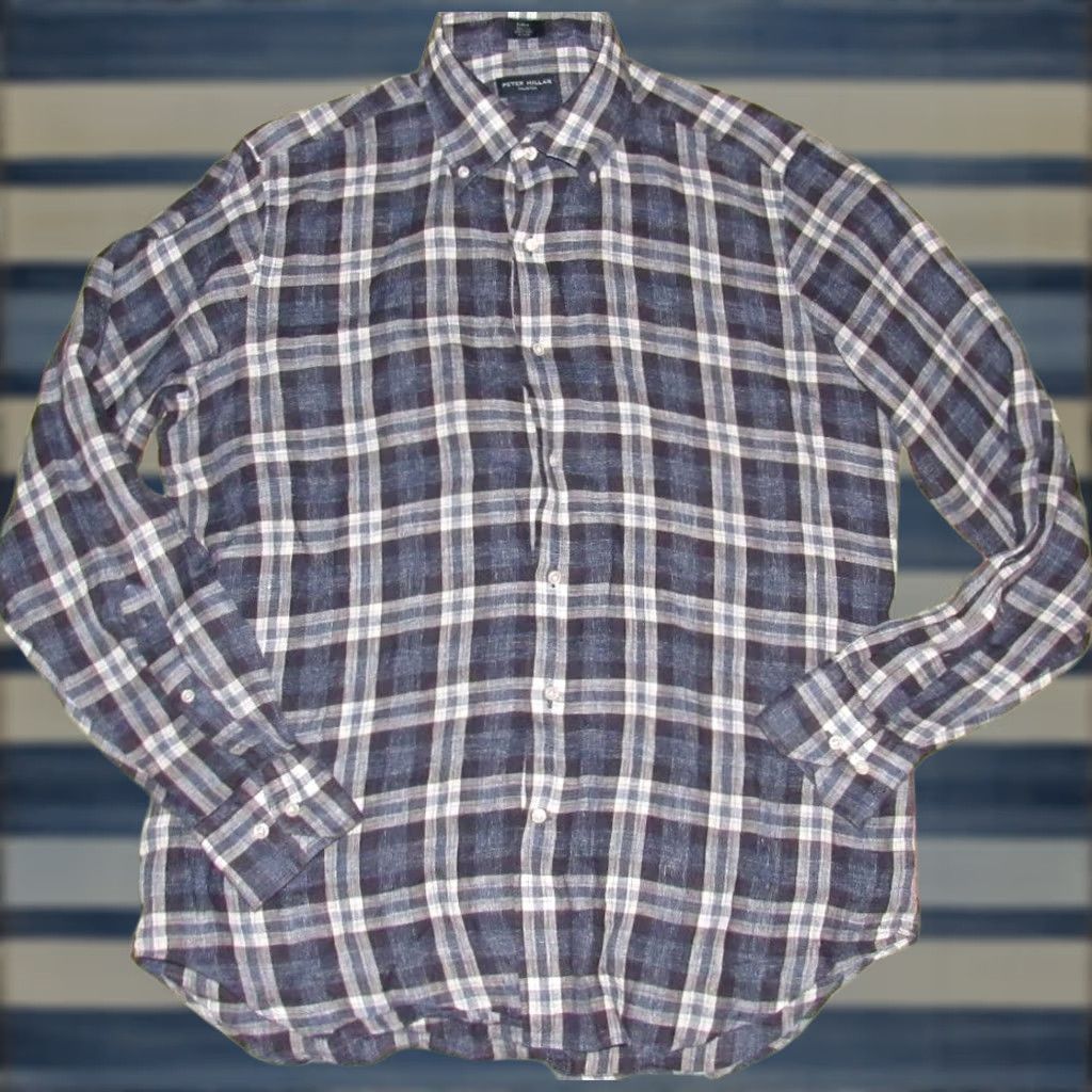 Peter Millar PETER MILLAR Linen Blue Plaid Long Sleeve Button Down Shirt Medium Size US M / EU 48-50 / 2 - 1 Thumbnail