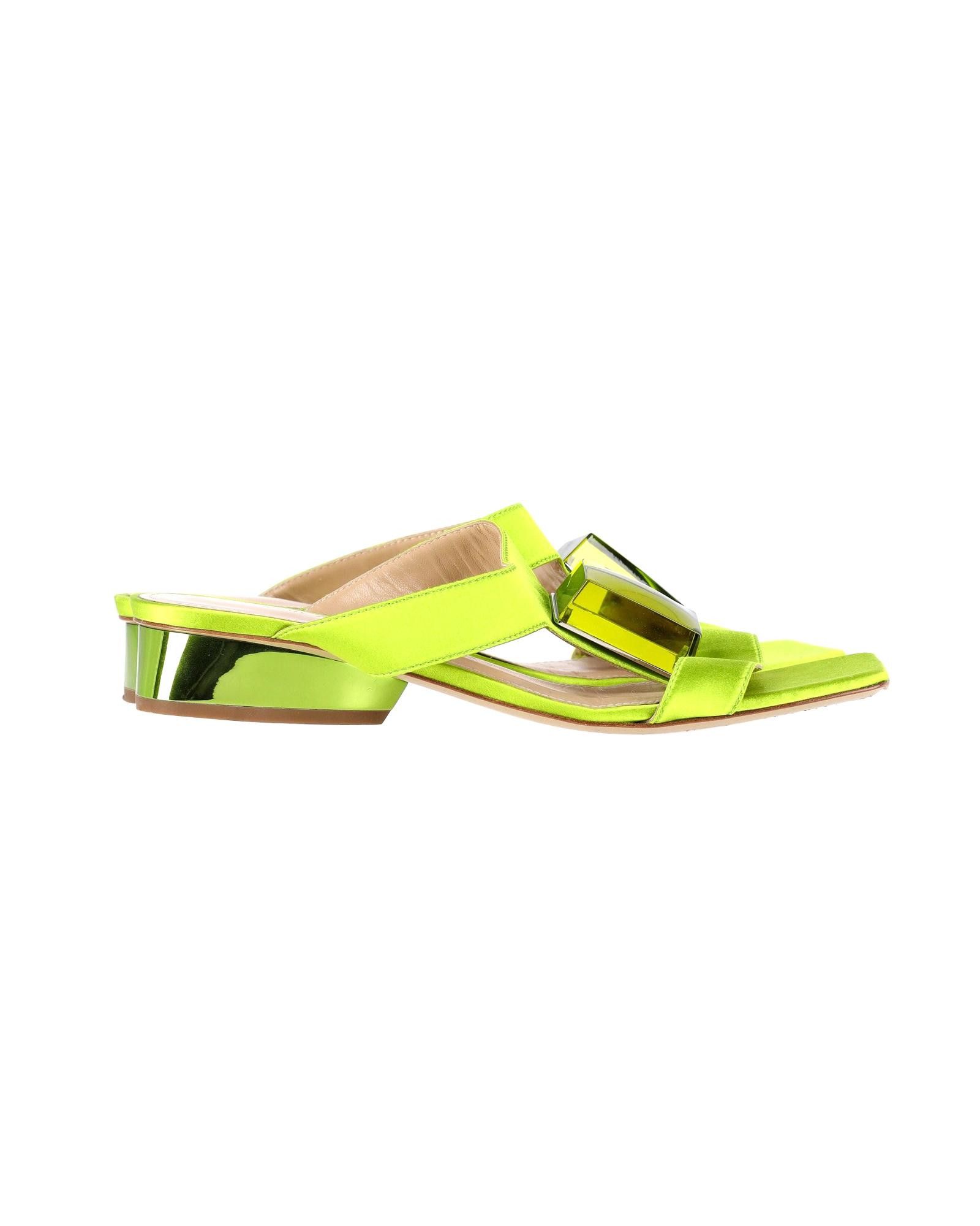 image of Paul Andrew Luxurious Green Satin Sculptural Heel Shoes Slides With Crystal Accent, Women's (Size 9