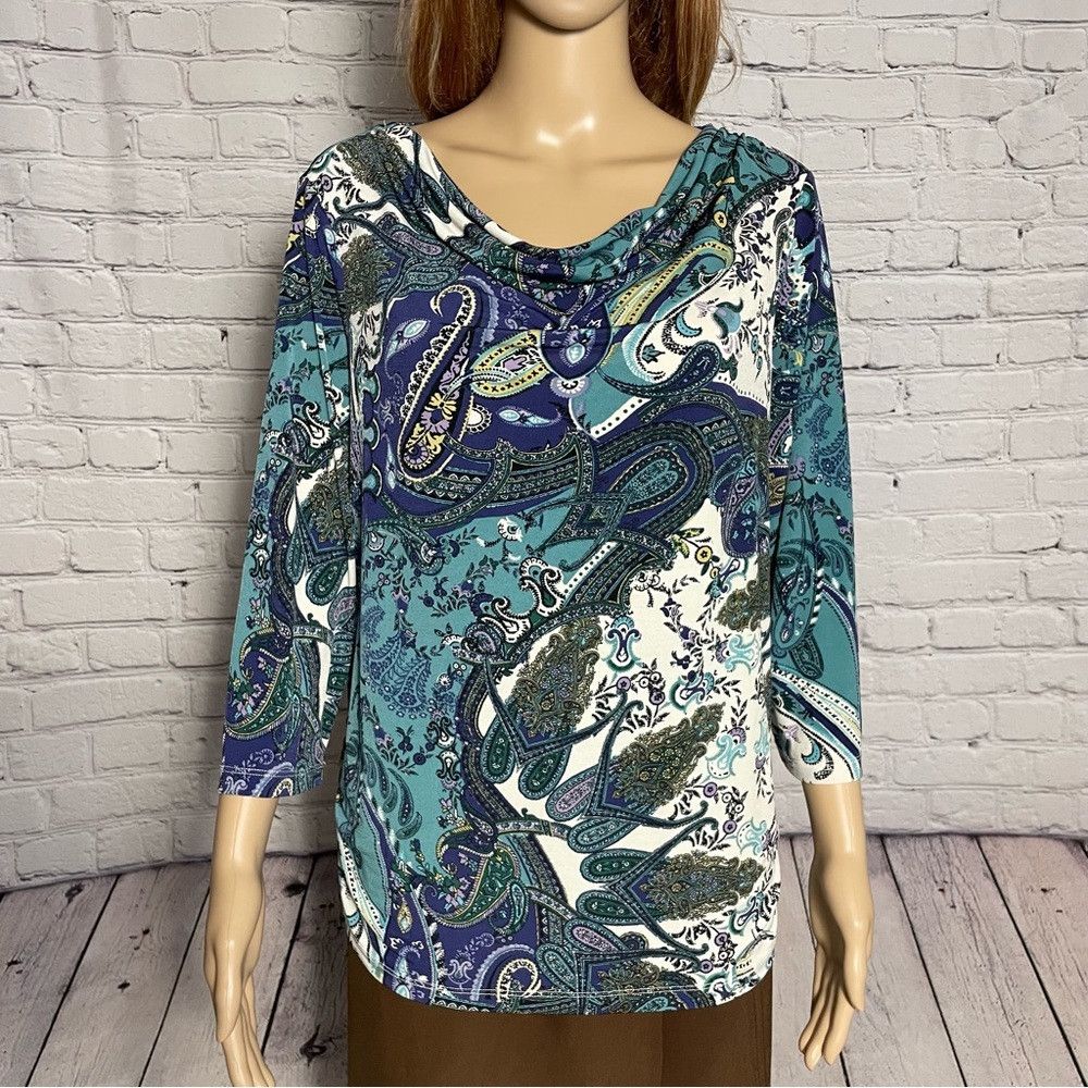 Chicos Chico's Cowl Neck 3/4 Sleeve Paisley Top Size 2 US L Size L / US 10 / IT 46 - 9 Thumbnail