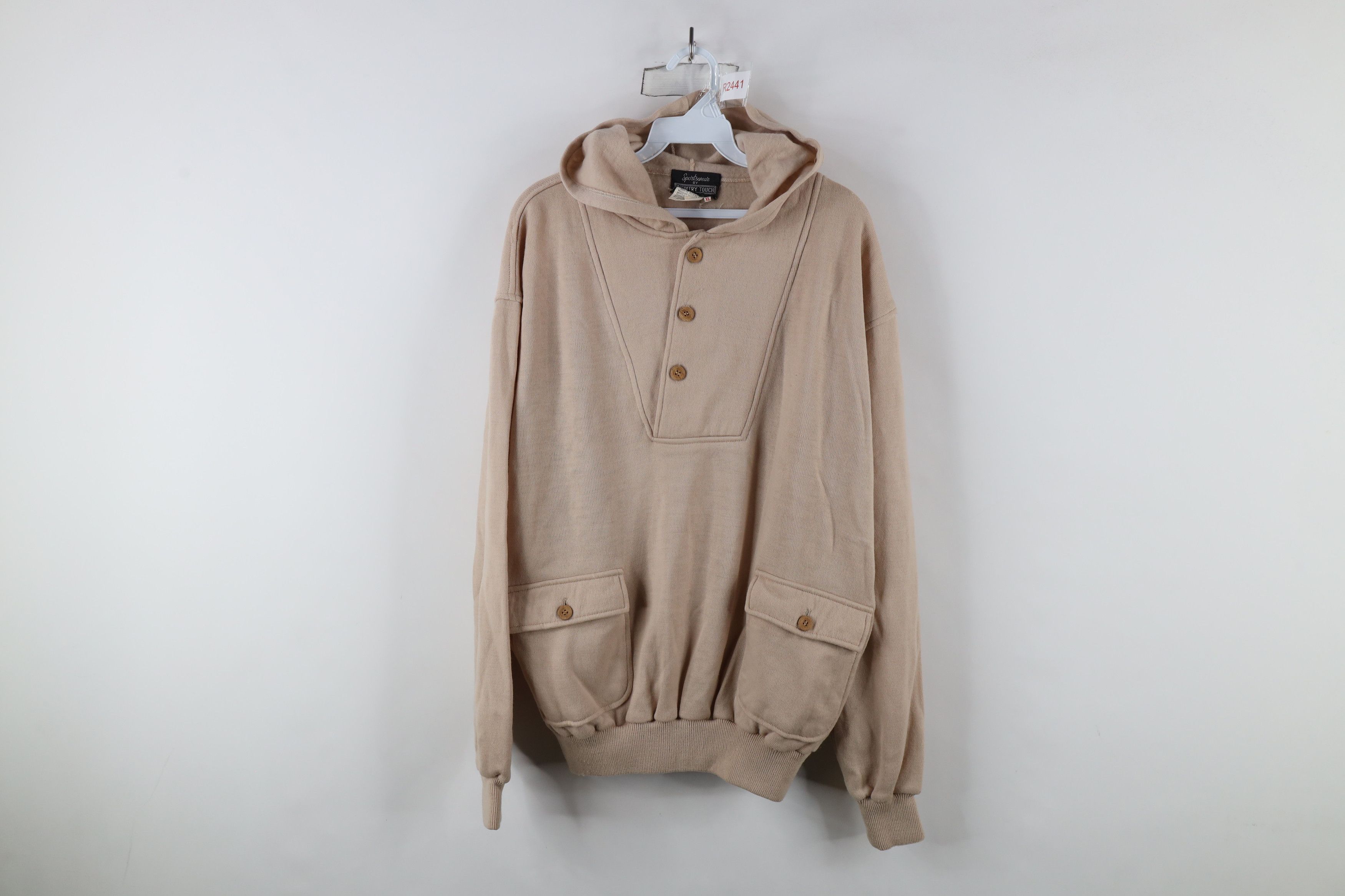 Vintage Vintage 70s Streetwear Henley Pullover Hoodie Sweater Beige Size US XL / EU 56 / 4 - 1 Thumbnail