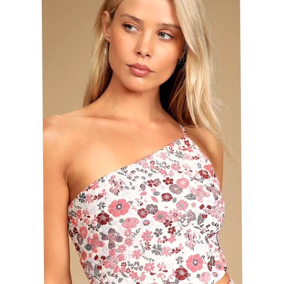 Lulus Lulus Bloom into Spring Blush Floral Jacquard One-Shoulder Crop Top XL Pink NWT Size XL / US 12-14 / IT 48-50 - 3 Thumbnail
