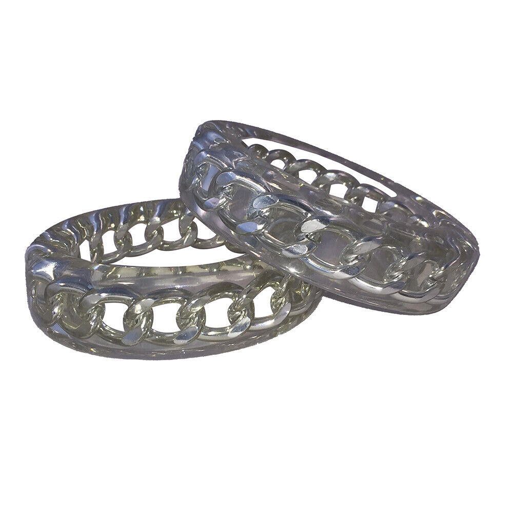 Designer Lucite Bangles with Trapped Silver Tone Chain Pair of 2 Size ONE SIZE - 1 Thumbnail