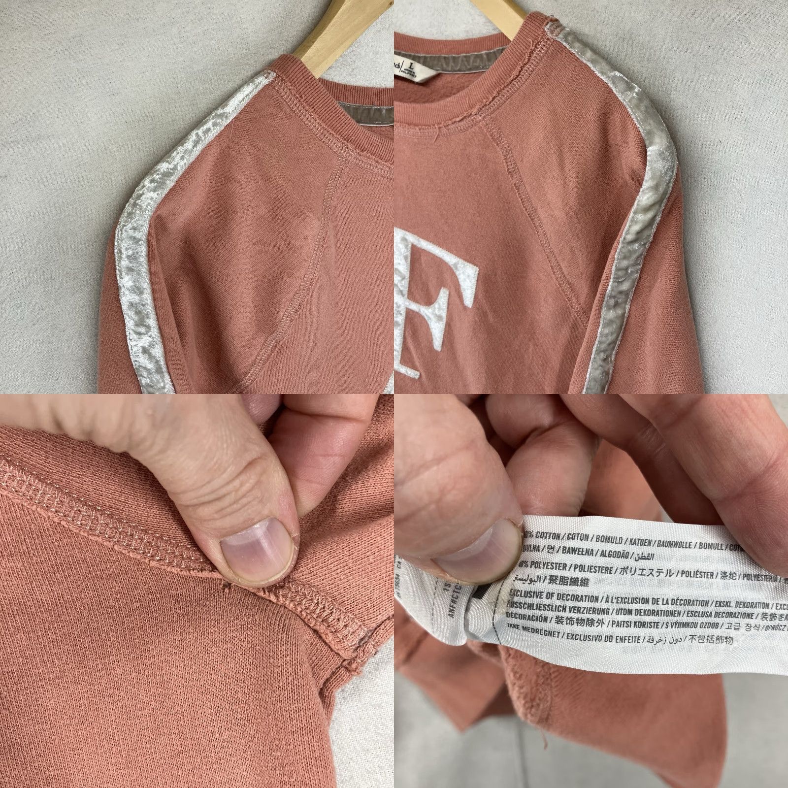 Abercrombie & Fitch Abercrombie & Fitch Sweatshirt Women's Large Raglan Sleeve Crew Neck Velvet Stripe Fleece Graphic Print Color Salmon Orange Modern Retro Size L / US 10 / IT 46 - 9 Thumbnail