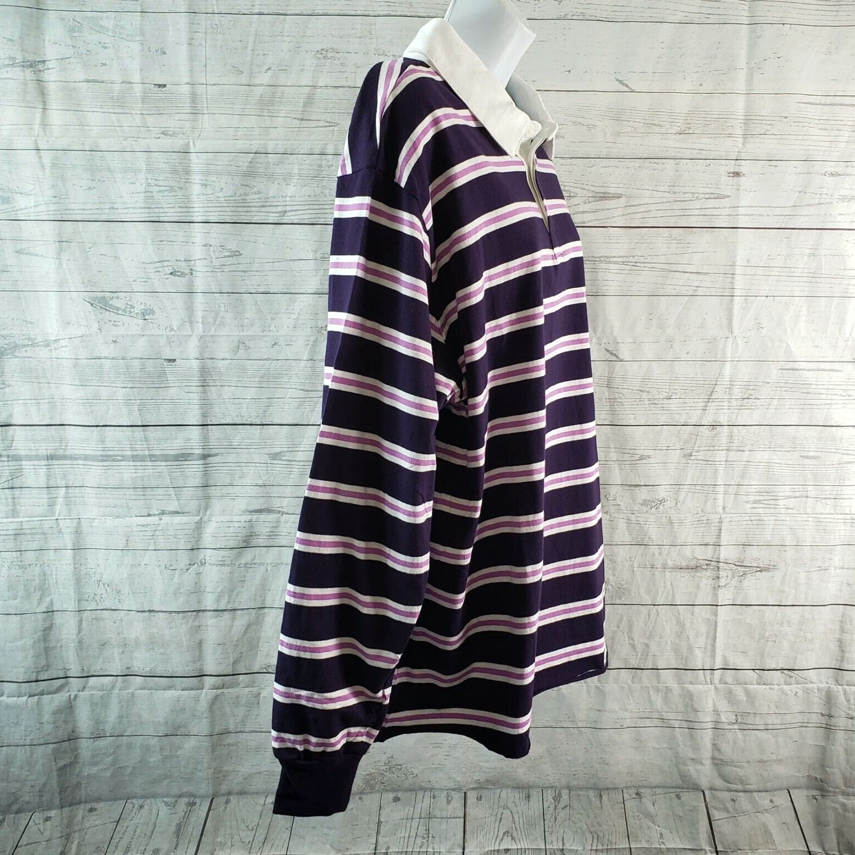 Vintage Wild Fable Womens Long Sleeve Polo Sz XL Purple White Striped Cotton Raw Hem Size XL / US 12-14 / IT 48-50 - 3 Thumbnail