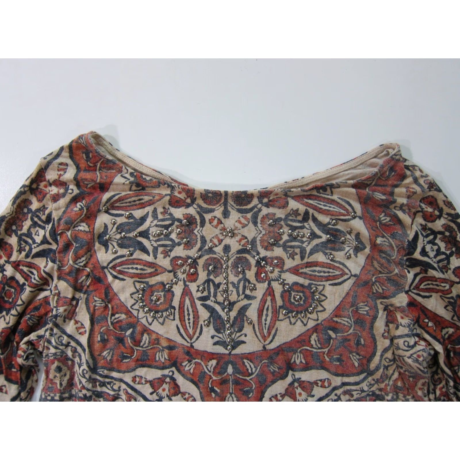 Lucky Brand Lucky Brand Blouse Geometric Beaded Batik Scoop Neck 3/4 Sleeve Grey Brown Women M Size M / US 6-8 / IT 42-44 - 4 Thumbnail