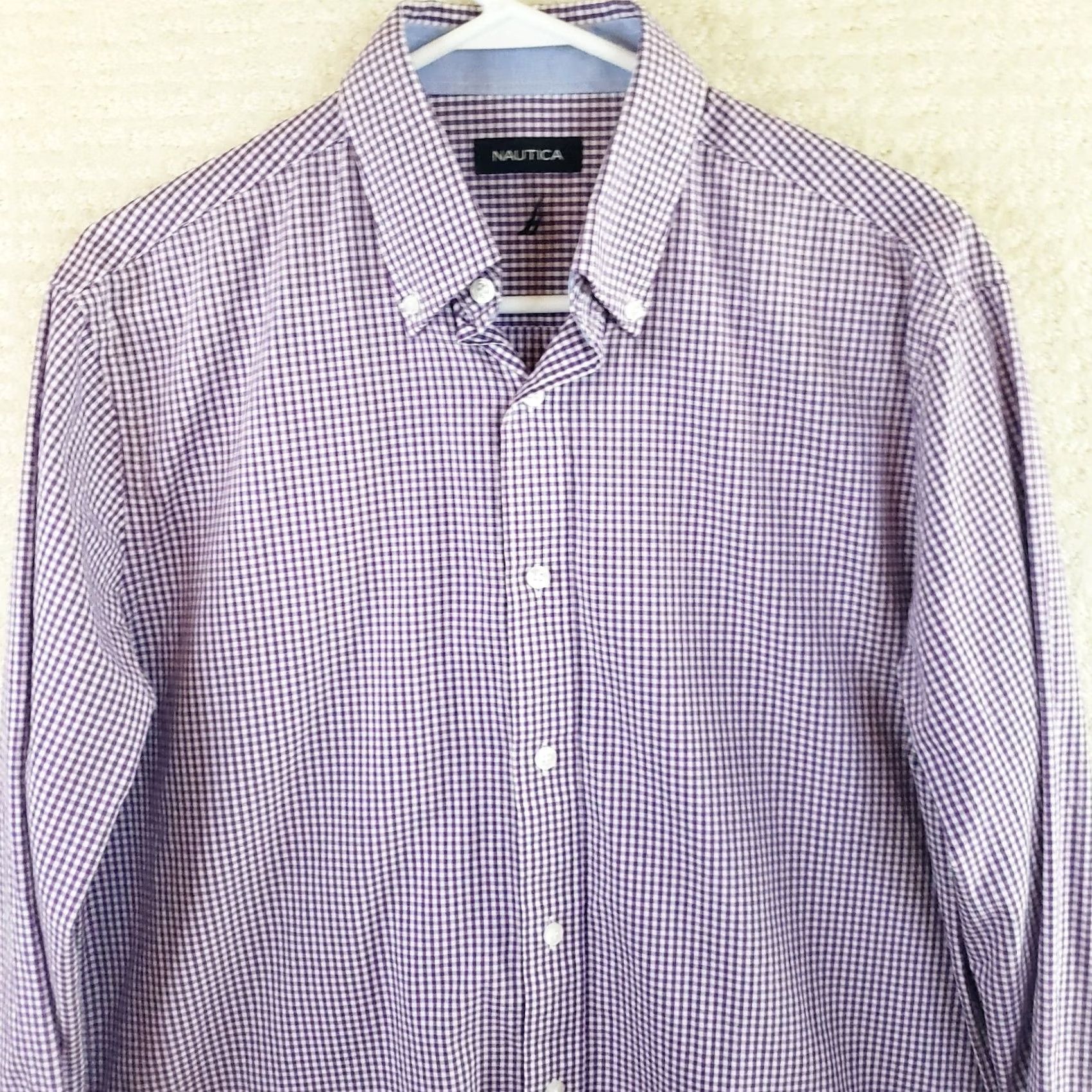 Nautica Nautica Dress Shirt Men L 16 34/35 Purple White Check Button-Down Long Sleeve Vintage Regular Size 42R - 2 Thumbnail