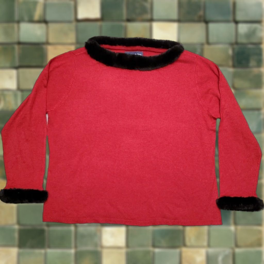 Preston & York VINTAGE Preston & York Blouse Womens Top XL Red Silk Blend Wool Faux Fur Sleeve & Collar Holiday Retro Size XL / US 12-14 / IT 48-50 - 1 Thumbnail