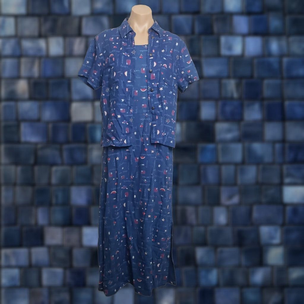VINTAGE Koret City Blues Womens Dress Set Jumper Shirt Sleeveless Patriotic Size S 6-8 Blue 60% Cotton 40% Rayon Holiday 4th Of July Summer Womens