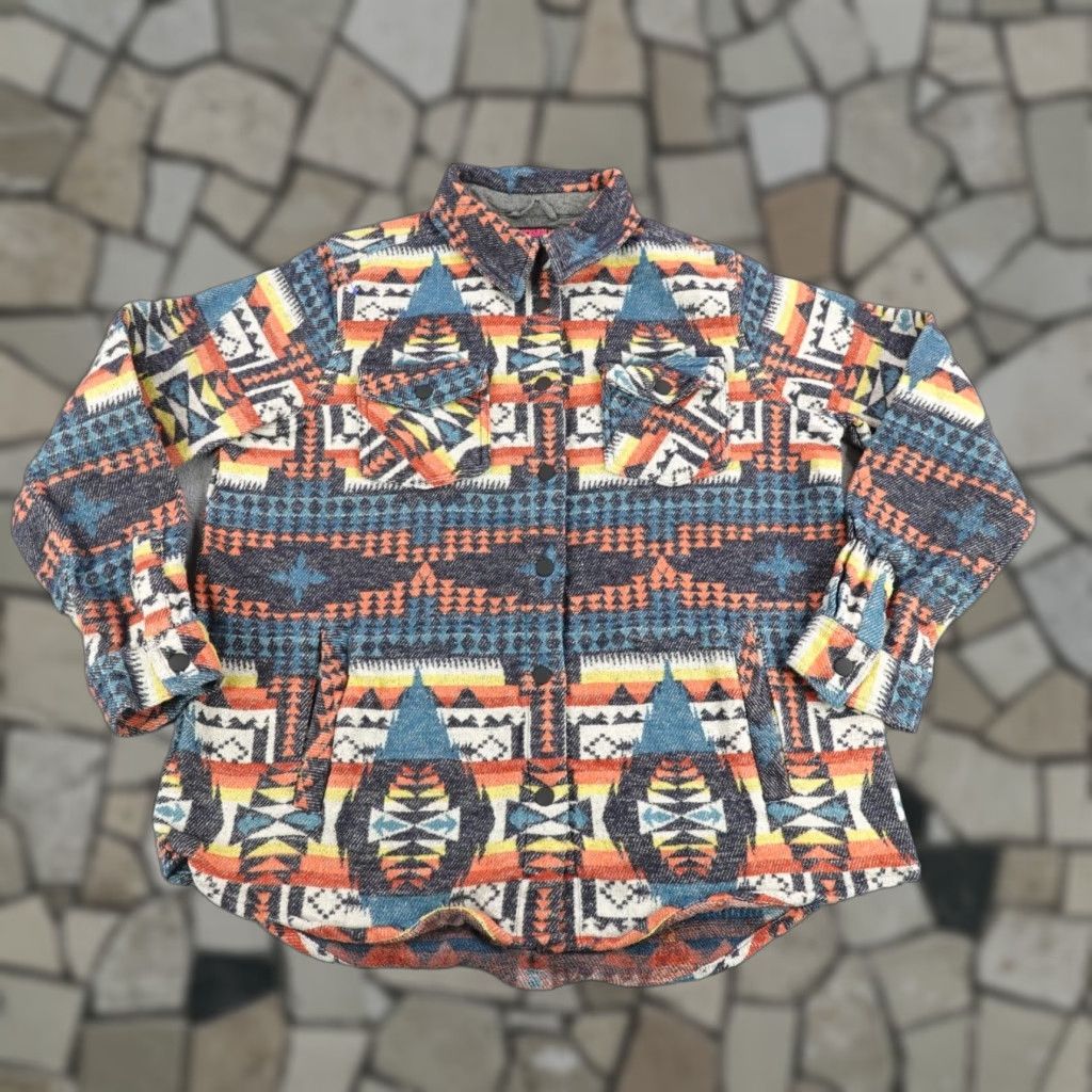 Denime Rock & Roll Denim Shacket Womens XL Blue Orange Southwestern Aztec Flannel Size XL / US 12-14 / IT 48-50 - 1 Thumbnail
