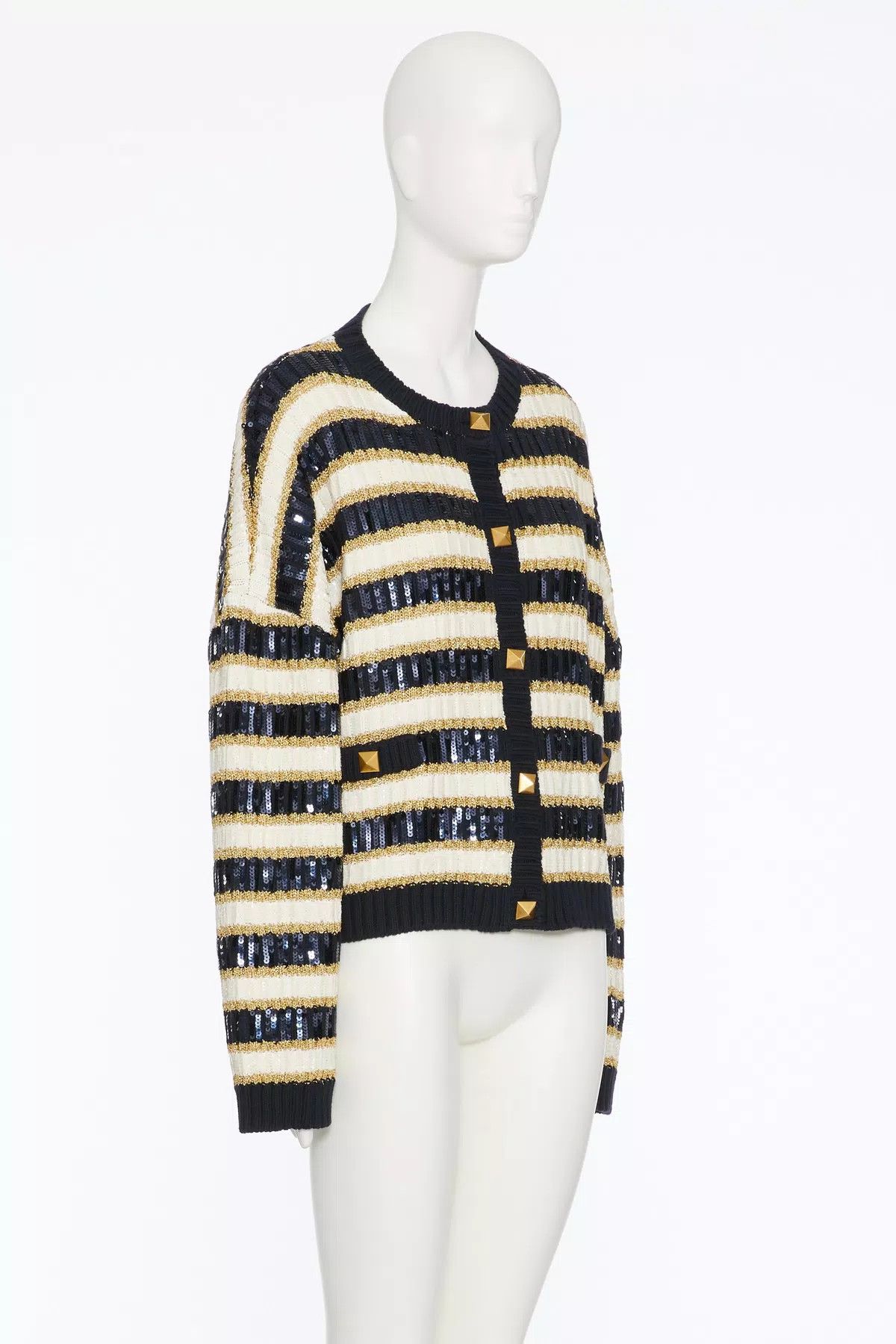 Valentino o1s1wg110925 Embroidered Knit Jacket in Nevy Blue/Avorio Size L / US 10 / IT 46 - 3 Thumbnail