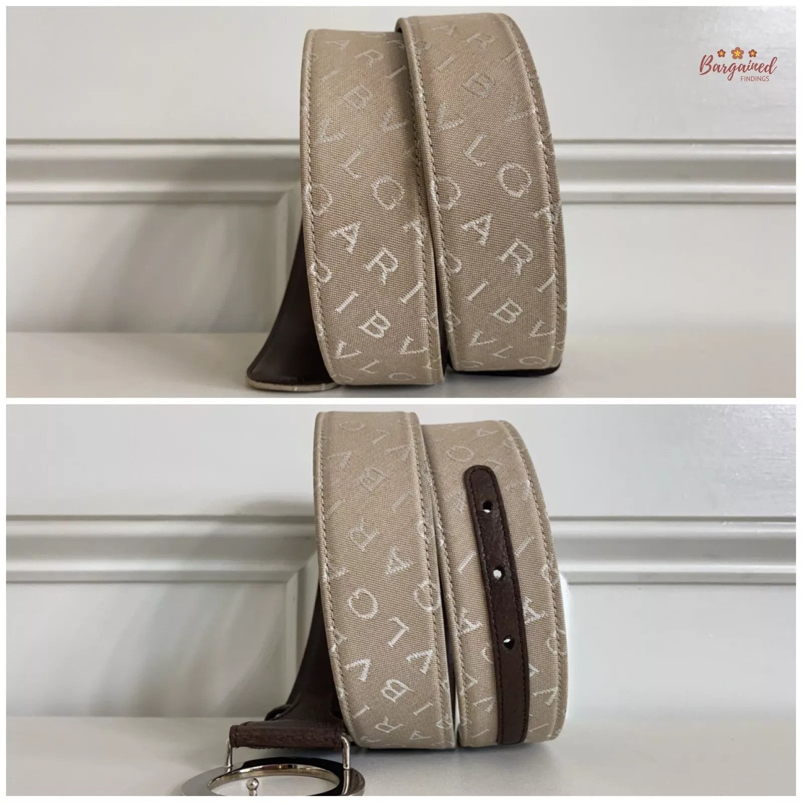 Bvlgari BVLGARI Beige Canvas Dark Brown Leather Silver Round Buckle Size 30 - 6 Thumbnail