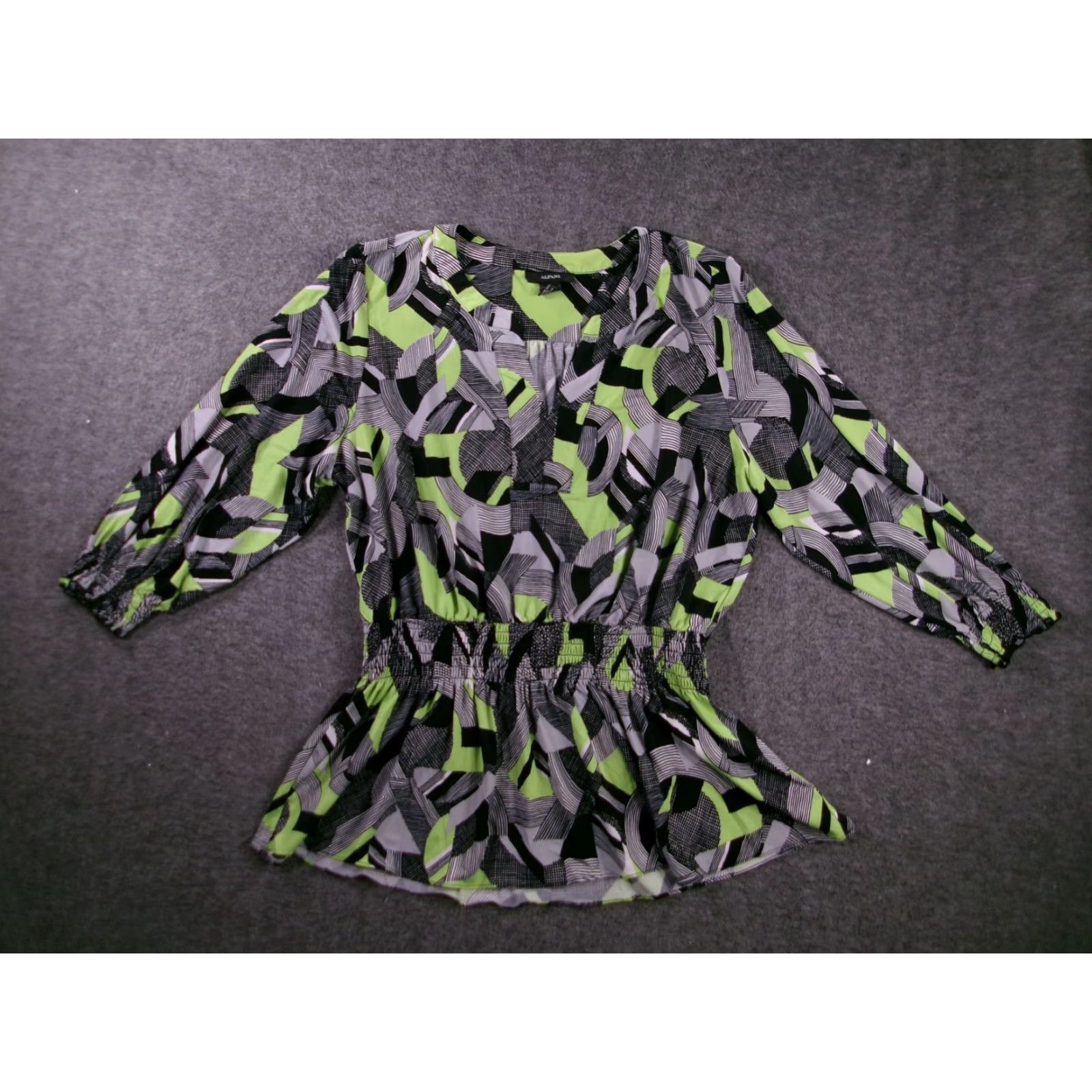 Alfani Alfani Blouse Womens XL Printed Geometric Peplum Elastic Waist 3/4 Sleeve Green Black Size XL / US 12-14 / IT 48-50 - 2 Thumbnail