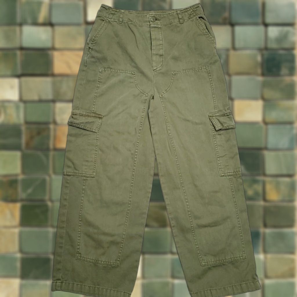Vintage Women Pants Sz 6 Green Denim Wide Leg Button Fly 90s Retro Y2K Cargo Double Knee Cotton Jeans Tailored? Size 28" / US 6 / IT 42 - 1 Thumbnail