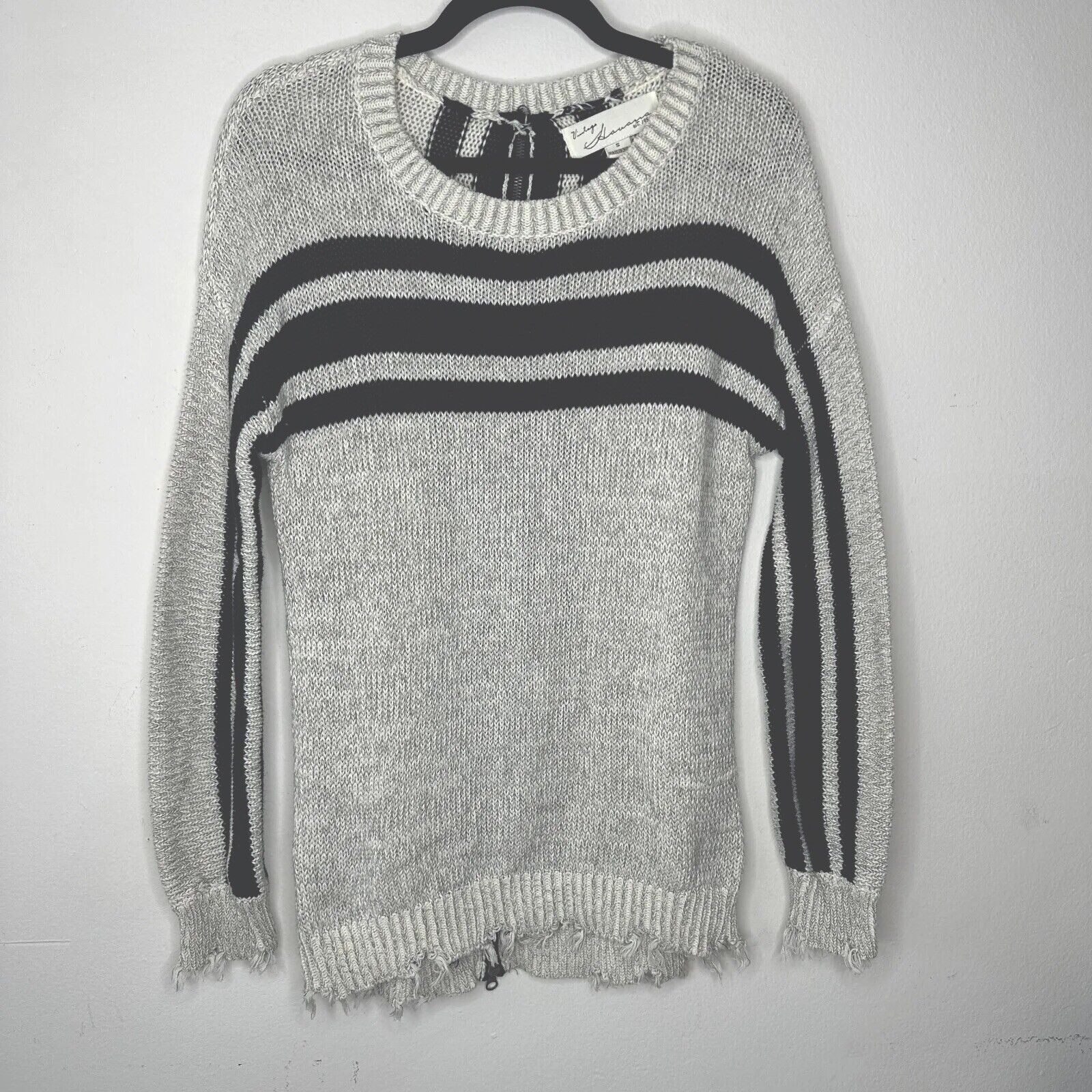 Vintage Havana Havana Gray Black Stripe Distressed Sweater Zip Back SM Size S / US 4 / IT 40 - 3 Thumbnail