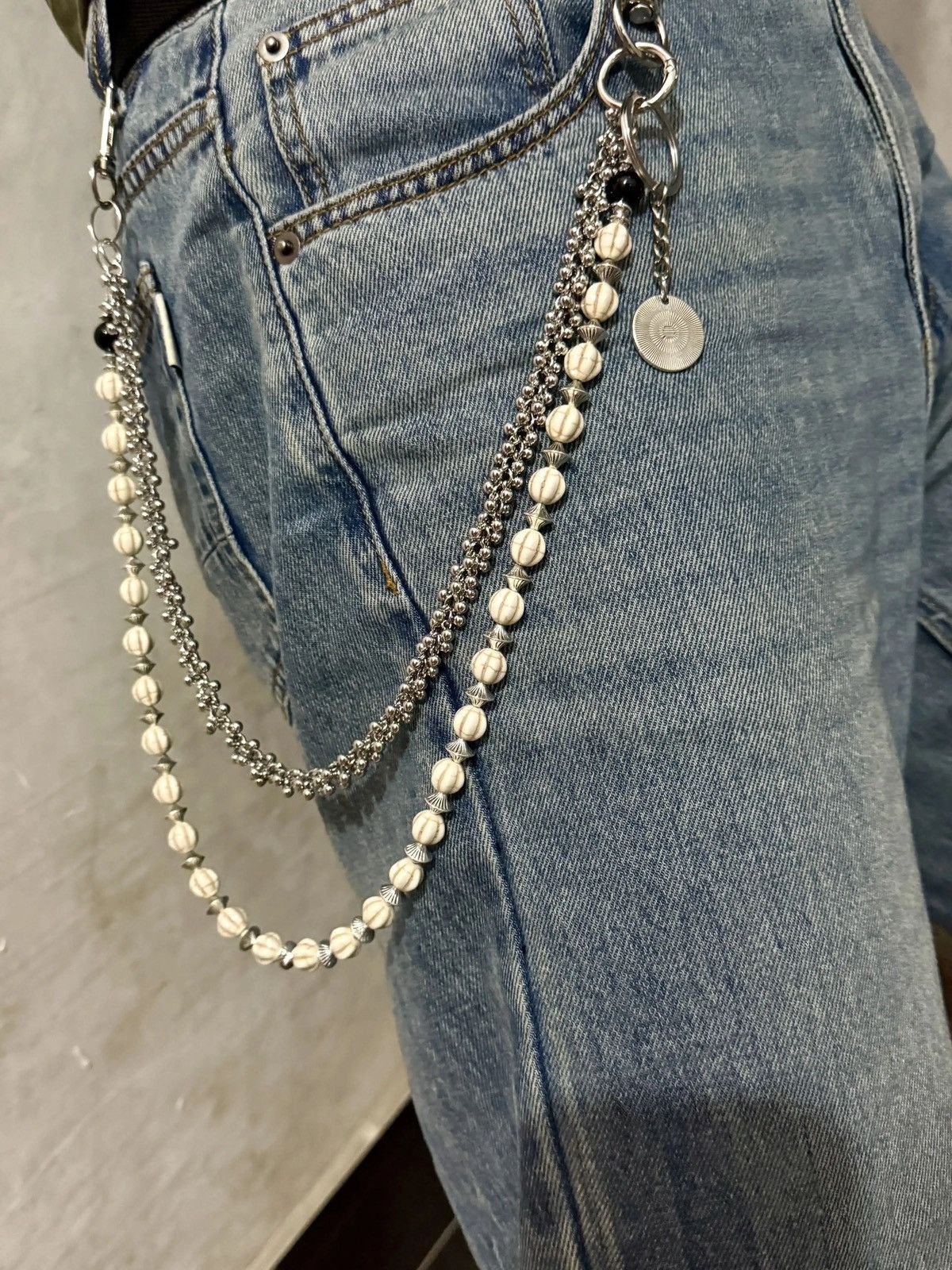 Jewelry Double Layer Turquoise Pumpkin Beads Flower Pant Chain in Silver, Men's