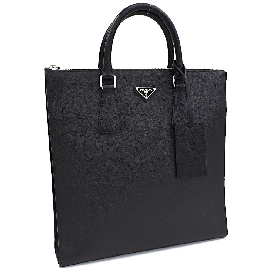 image of Prada Saffiano Travel Tote Bag Leather Nero Black Triangle Logo, Women's