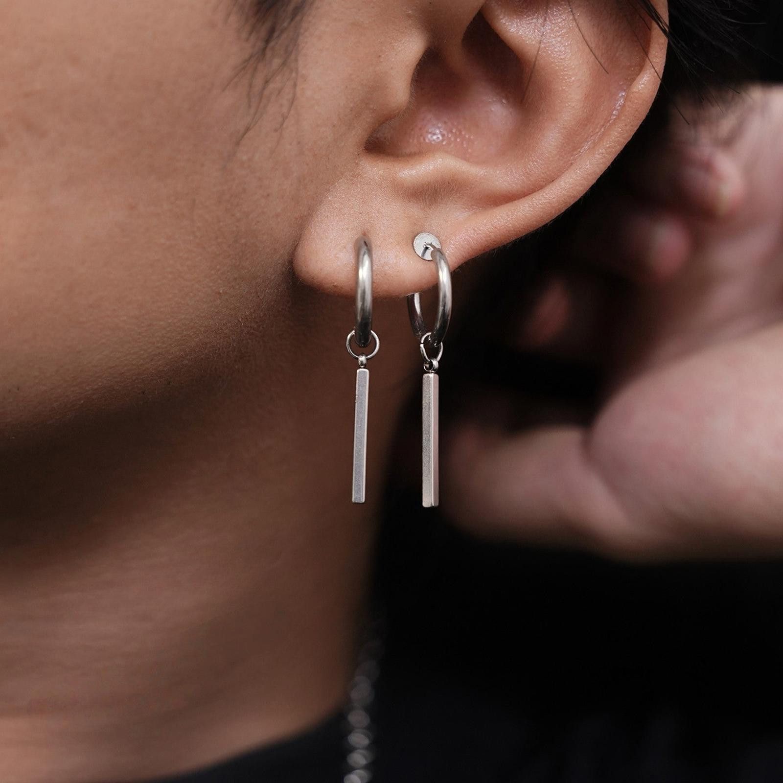 Jewelry Minimalist Silver Earrings  Circle & Bar Pendant, Men's