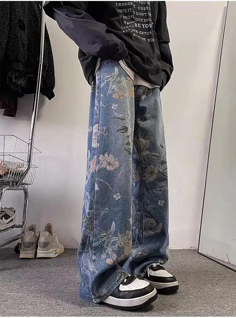 Retro casual straight leg jacquard jeans