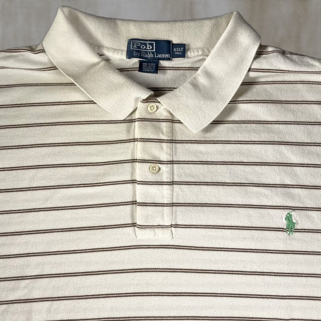 Polo Ralph Lauren VINTAGE Polo Ralph Lauren Polo Shirt Mens 4XLT Tall White Brown Stripe Green Pony Logo Classic Casual Shirt Mens 4XLT Adjustable Big & Tall Tee Size US XXL / EU 58 / 5 - 1 Thumbnail