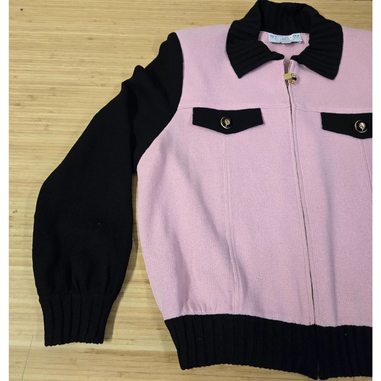 St. John VINTAGE St John Collection Sweater Womens Large Pink Black Zip Cardigan Jacket Gold Zip Size L / US 10 / IT 46 - 3 Thumbnail