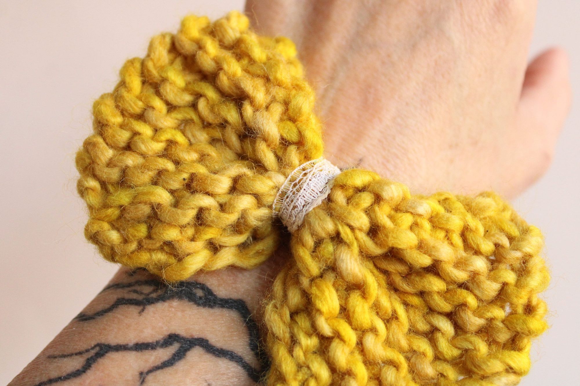 Handmade Knit Hair Bow, Handknitted Maize Yellow Ponytail Holder or H Size ONE SIZE - 9 Thumbnail