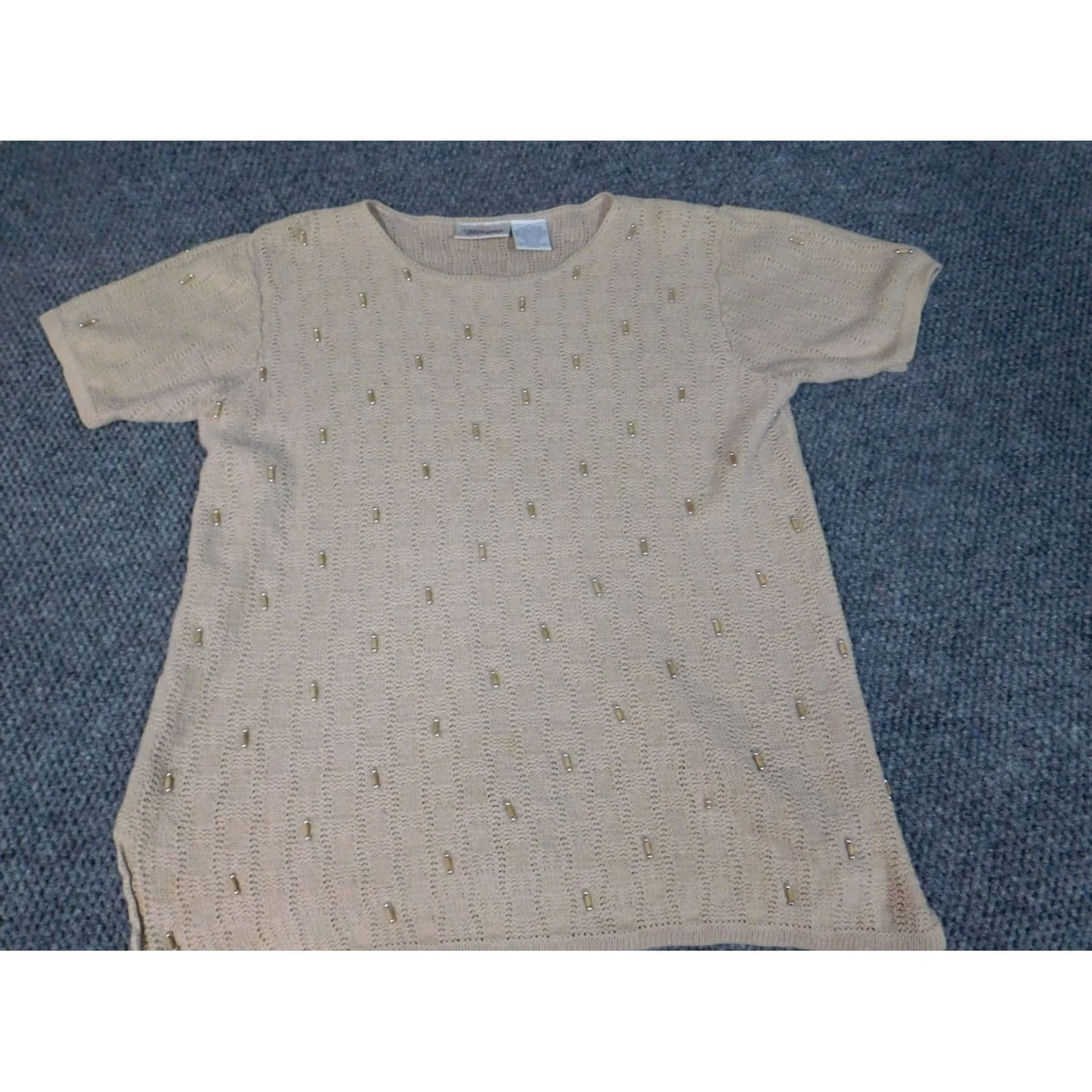 Worthington Worthington Womens Sweater Pullover Bell Sleeve Round Neck Short Sleeve Beige Knit Cotton Ramie Bow Button Petite Ladies Womens Size L / US 10 / IT 46 - 3 Thumbnail