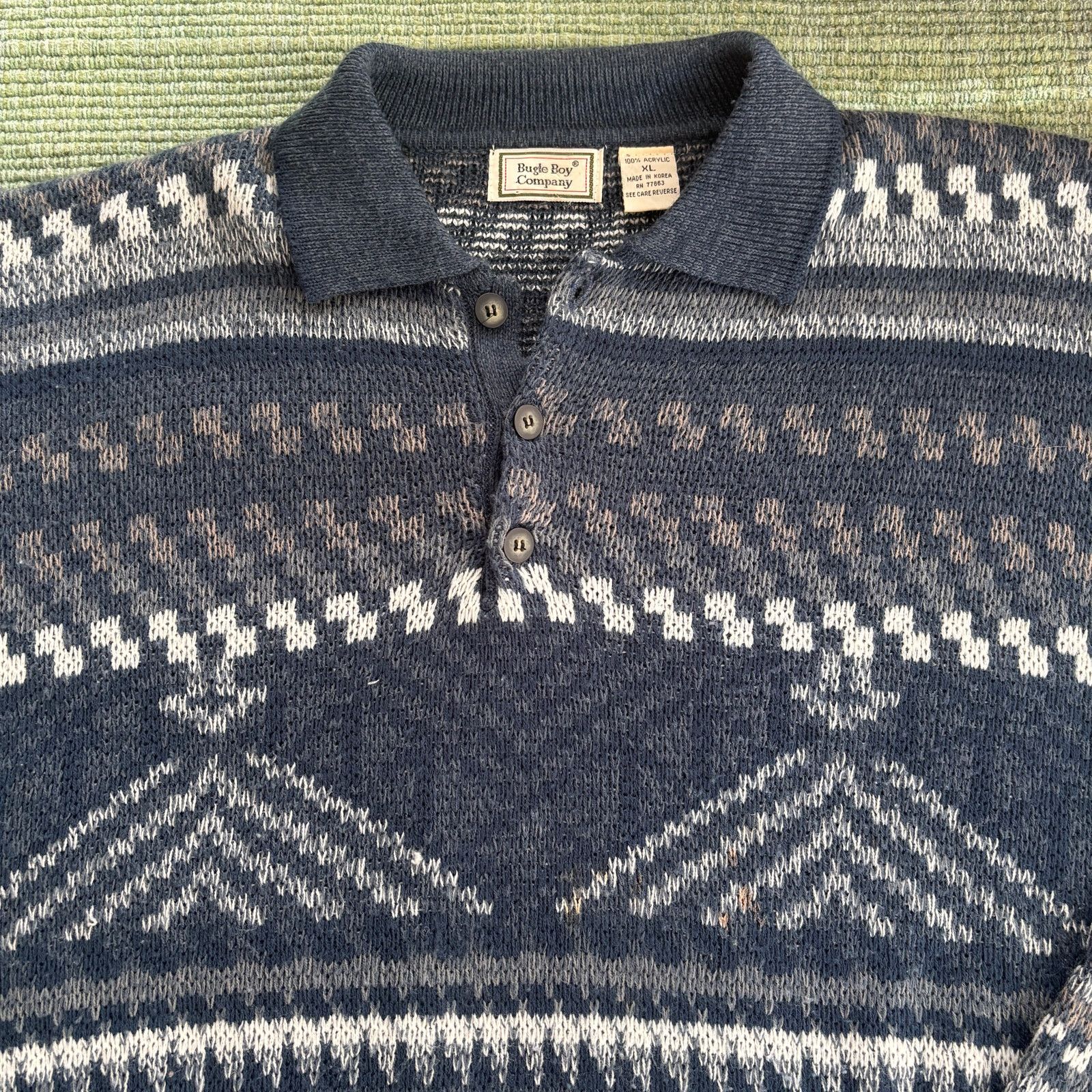Bugle Boy × Vintage Vintage 90s Bugle Boy patterned acrylic collared sweater XL Size US XL / EU 56 / 4 - 2 Thumbnail