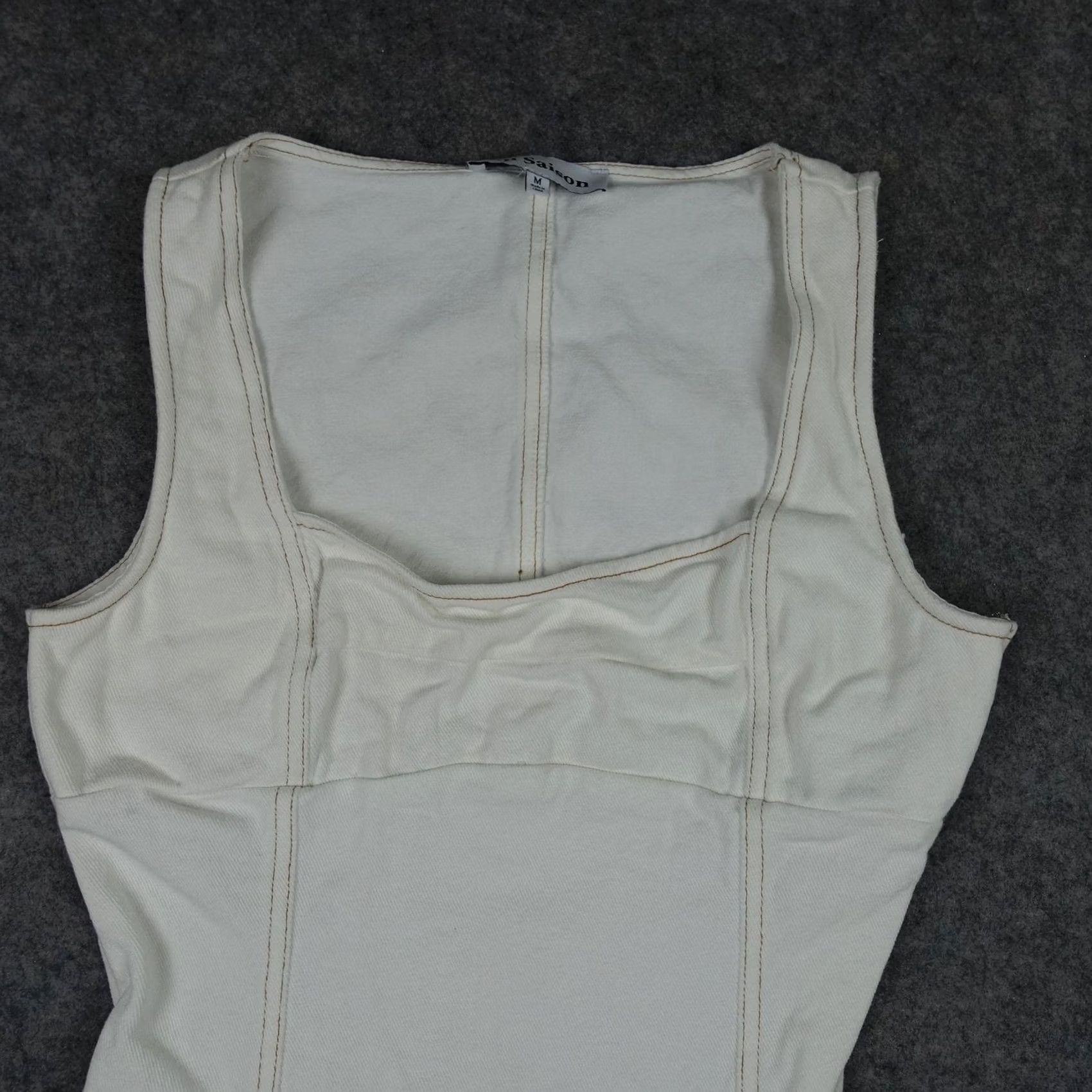 Vintage En Saison Dress Womens M White Cotton Denim Fit & Flare Square Neck Sleeveless Short Casual 100% Cotton Size M / US 6-8 / IT 42-44 - 2 Thumbnail
