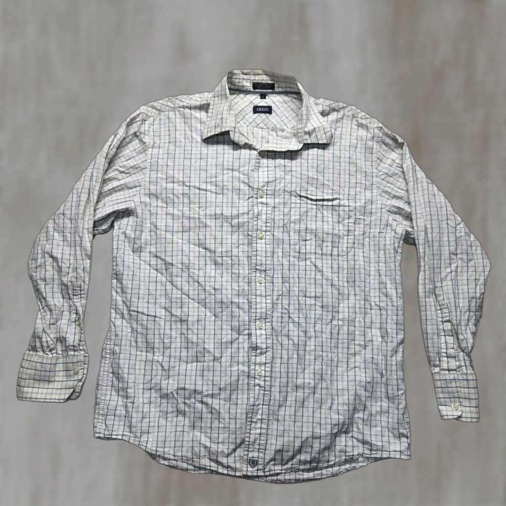 Izod VINTAGE IZOD Men's Shirt Casual Business Long Sleeve Button-Up Cotton Check Large White Size US L / EU 52-54 / 3 - 1 Thumbnail