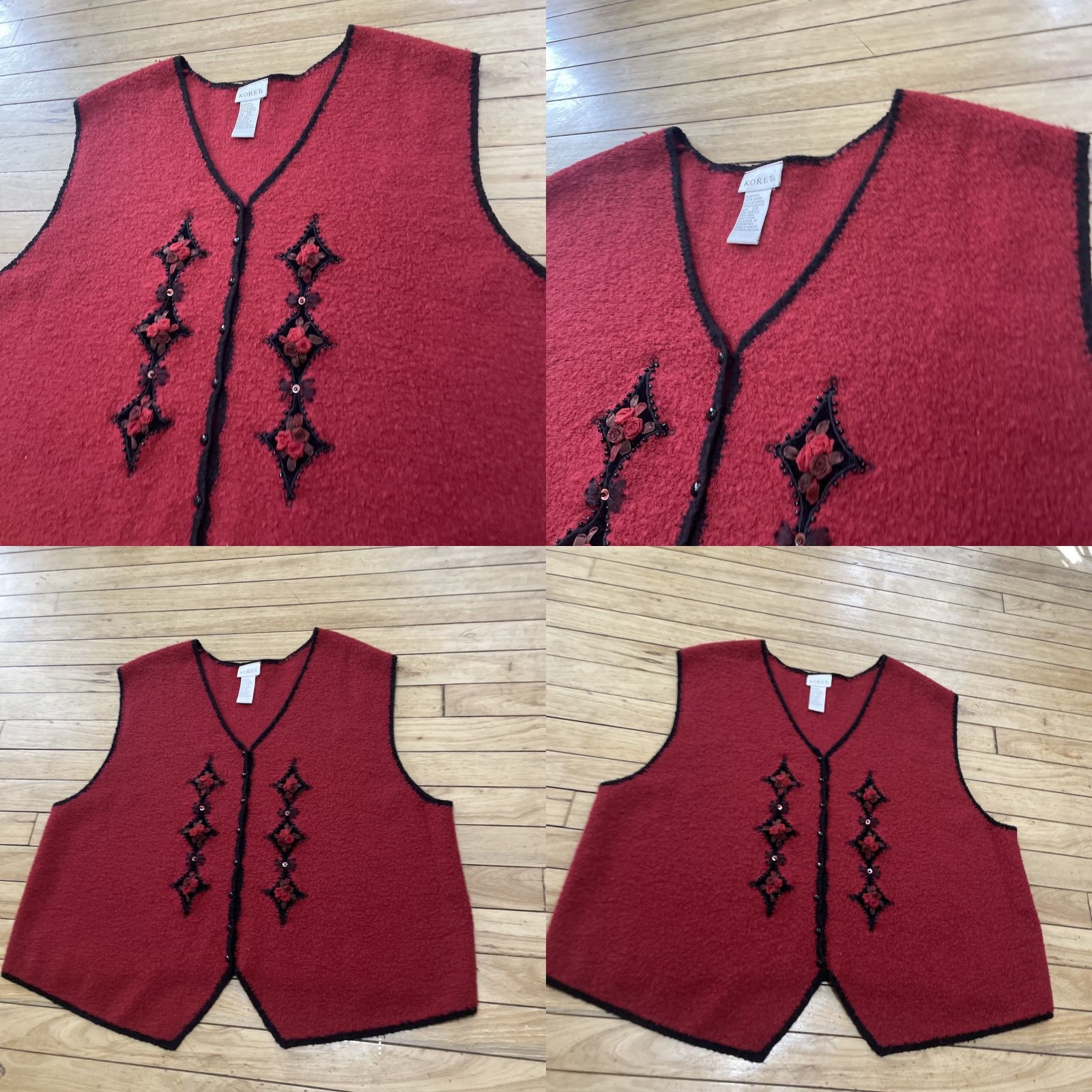 Vintage Koret Vest Sweater 2X Womens Wool Red Floral Beaded 3D Art Vintage 90s Knit V-Neck Sleeveless Vintage Size XXL / US 16-18 / IT 52-54 - 10 Thumbnail