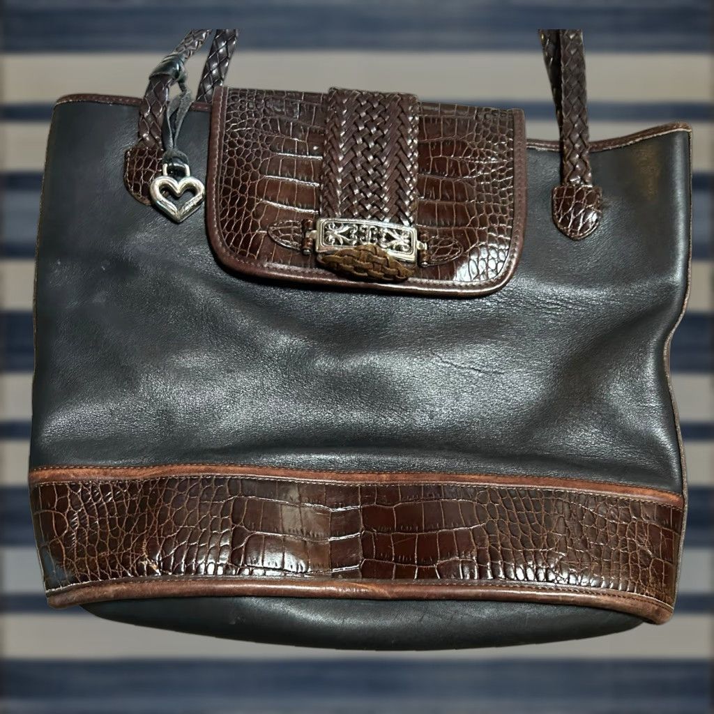 Brighton VINTAGE Brighton Queen of Love Croc Leather Shoulder Bag Tote Purse Black Brown Women’s Bag Charm Silver Hardware 12in 12in Size ONE SIZE - 1 Thumbnail
