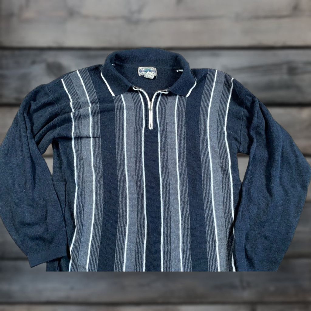 Vintage VINTAGE County Seat 1/4 Zip Sweater Adult Medium Black Striped Lightweight Knit 90s Hipster Mens Size US M / EU 48-50 / 2 - 1 Thumbnail