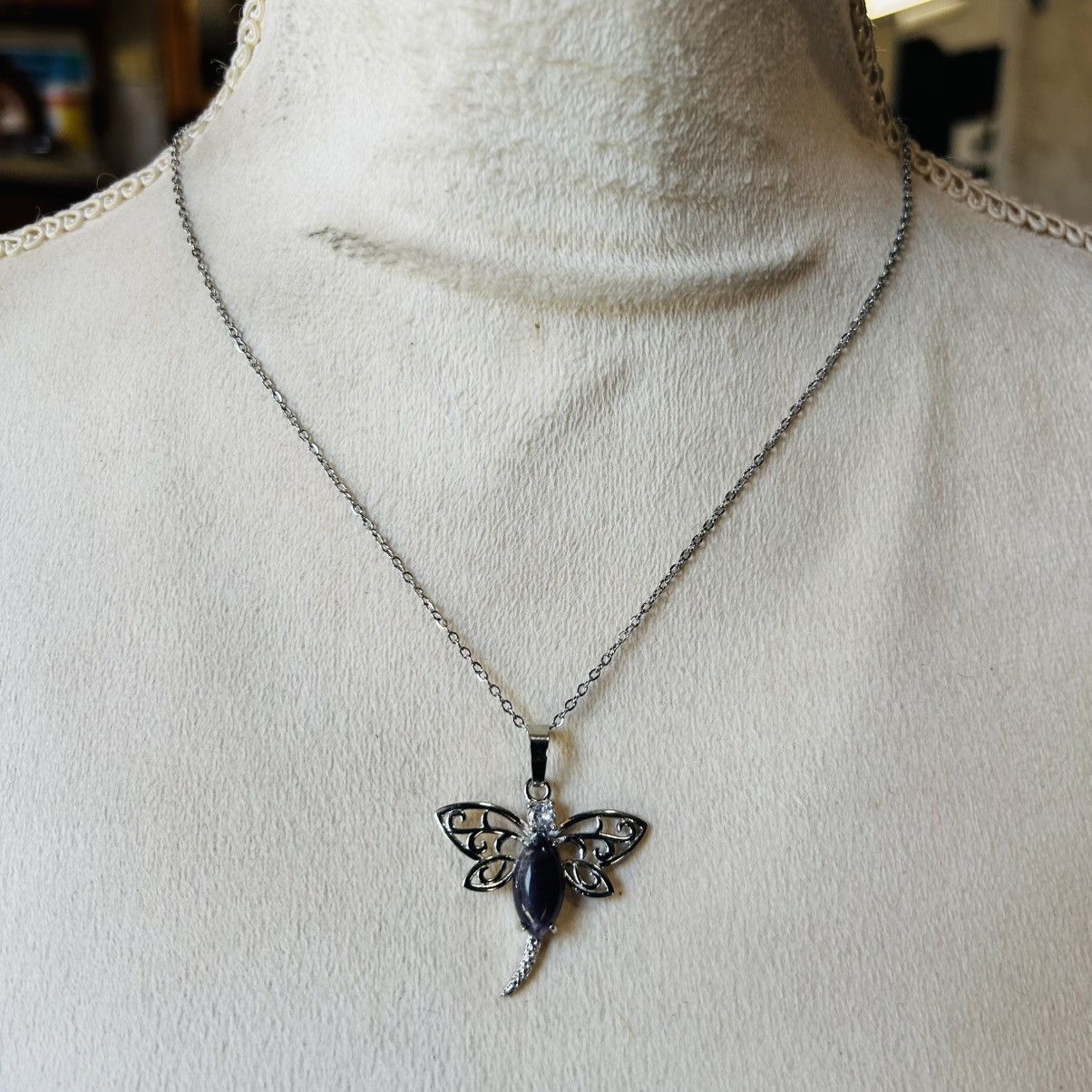 Handmade Marquis amethyst stone dragonfly pendant on chain necklace Size ONE SIZE - 3 Thumbnail