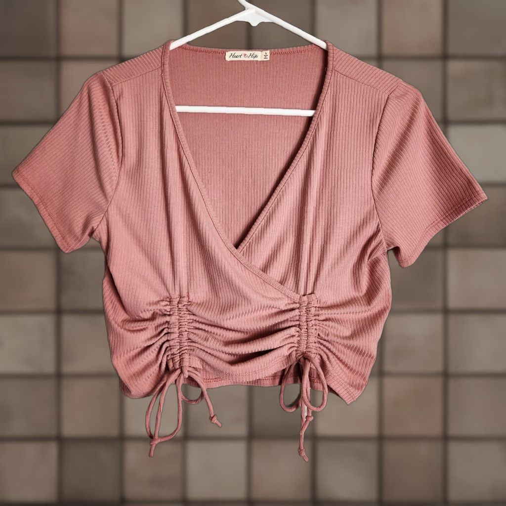 Vintage Heart Lips Womens Rose Pink Surplice Ruched Tie Bottom Ribbed Crop Top Size L Shirt Adult Womens Short Sleeve V-Neck Cropped Casual KnIT Size 36" / US 14 / IT 50 - 1 Thumbnail