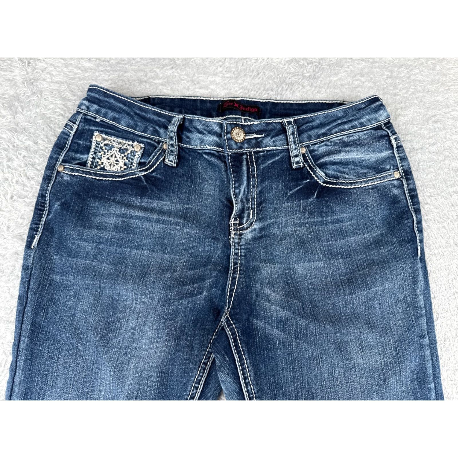 Denime VINTAGE Love Indigo Blue Denim Bootcut Jeans Juniors 16 Low Rise Embroidered Sequin Cotton Blend Girls Size 38" / US 16 / IT 52 - 4 Thumbnail
