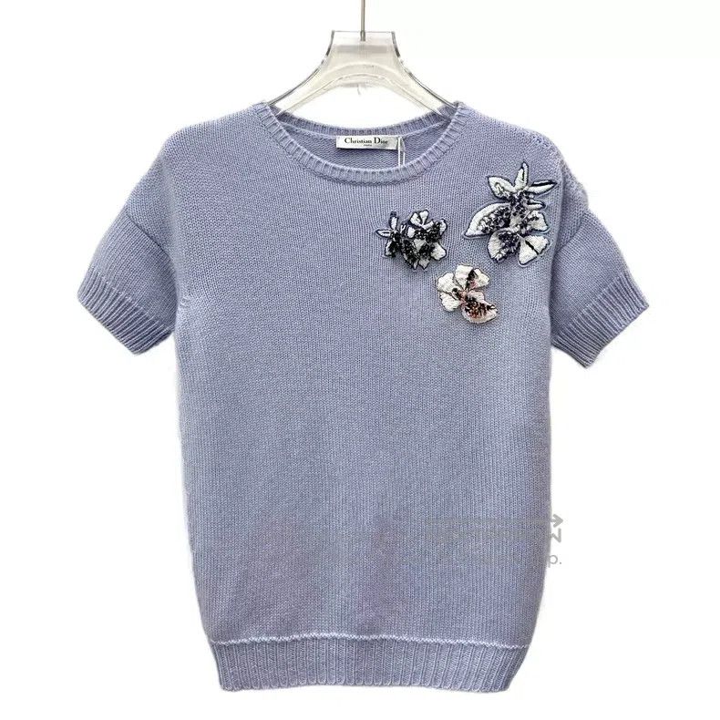 Dior Dior Sky blue floral beaded cashmere round-neck short-slee Size XXS / US 00 / IT 34 - 1 Thumbnail