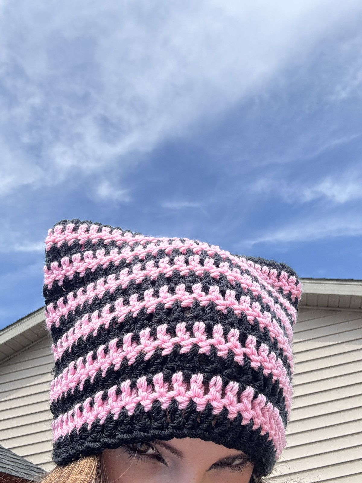 Handmade Crochet Cat Beanie - Black & Pink Size ONE SIZE - 4 Thumbnail