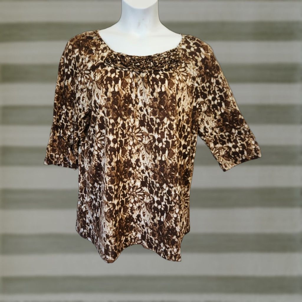 Vintage VINTAGE White Stag Brown Floral Braided Trim Casual Top Shirt XXL 20 Women Blouse 3/4 Sleeve Round Neck Polyester Easy Care Size XXL / US 16-18 / IT 52-54 - 1 Thumbnail