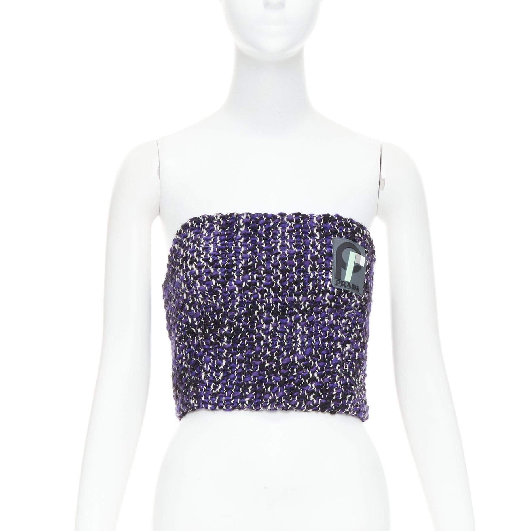 Prada PRADA 2018 Runway purple wool tweed rubber badge strapless bustier tube top IT40 S Size S / US 4 / IT 40 - 1 Thumbnail